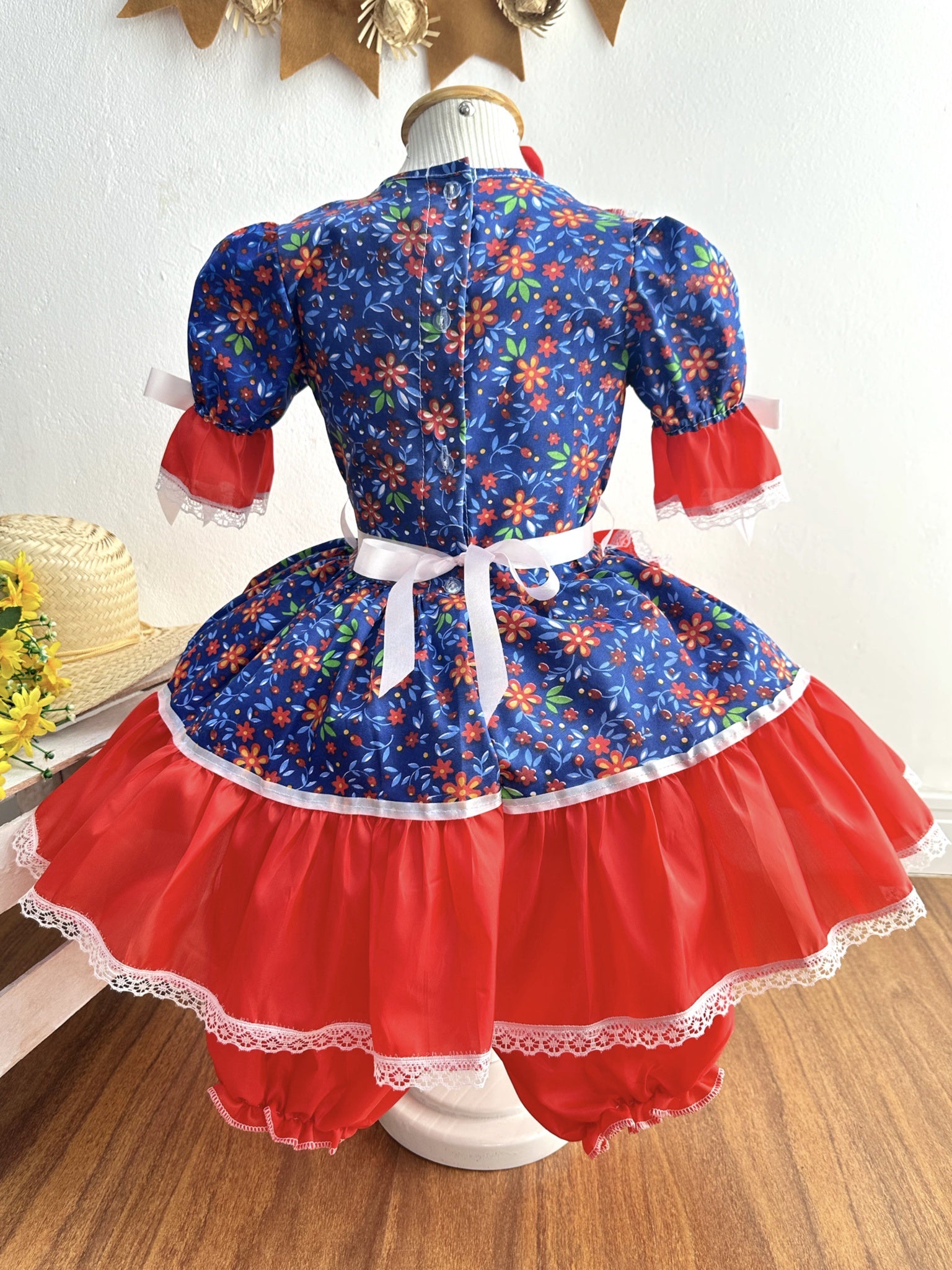 Vestido Infantil Junino Festas Azul Estampa de Florzinhas