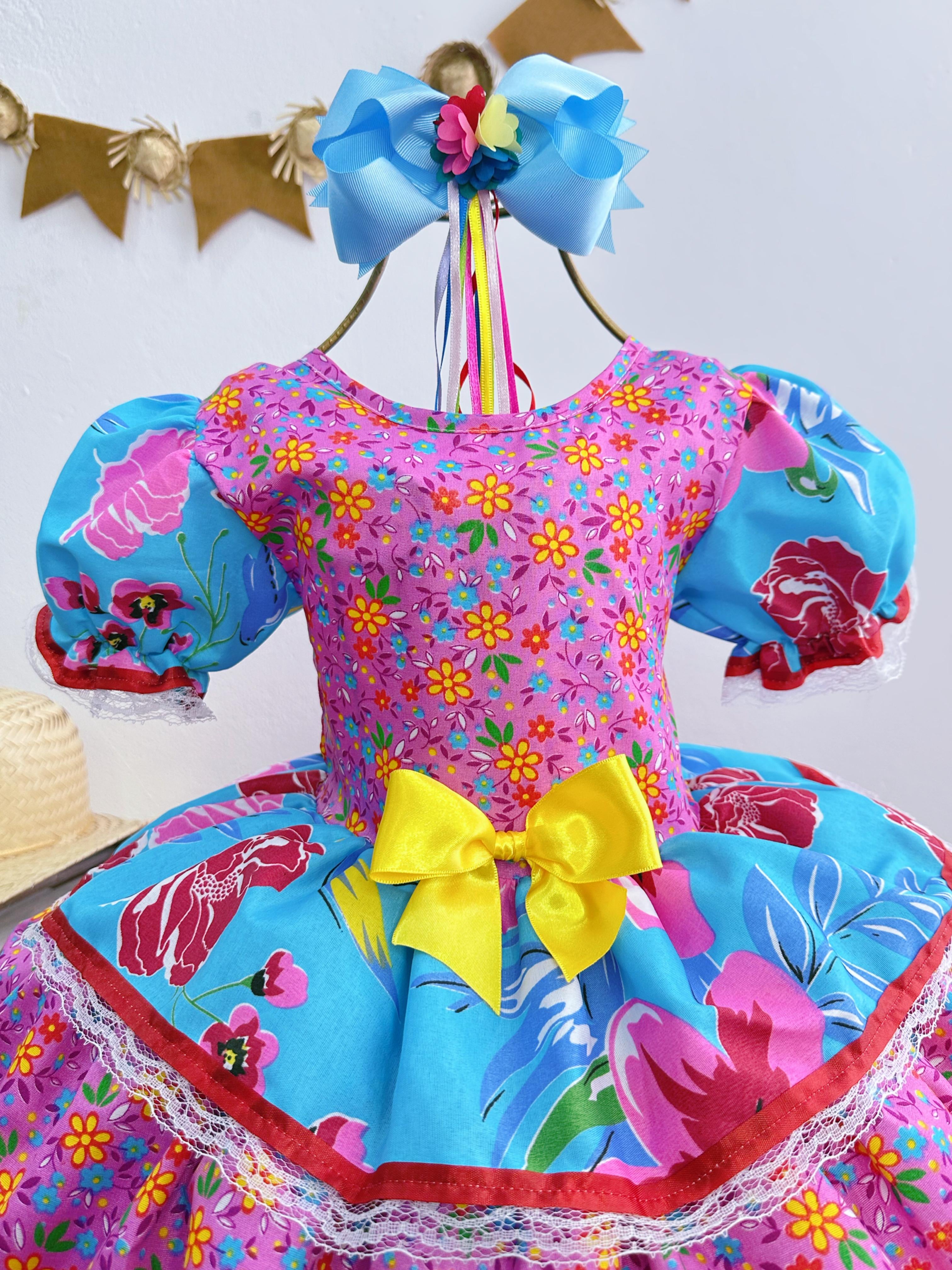 Fantasia Infantil Junino Lilás Colorido Florzinhas Festas
