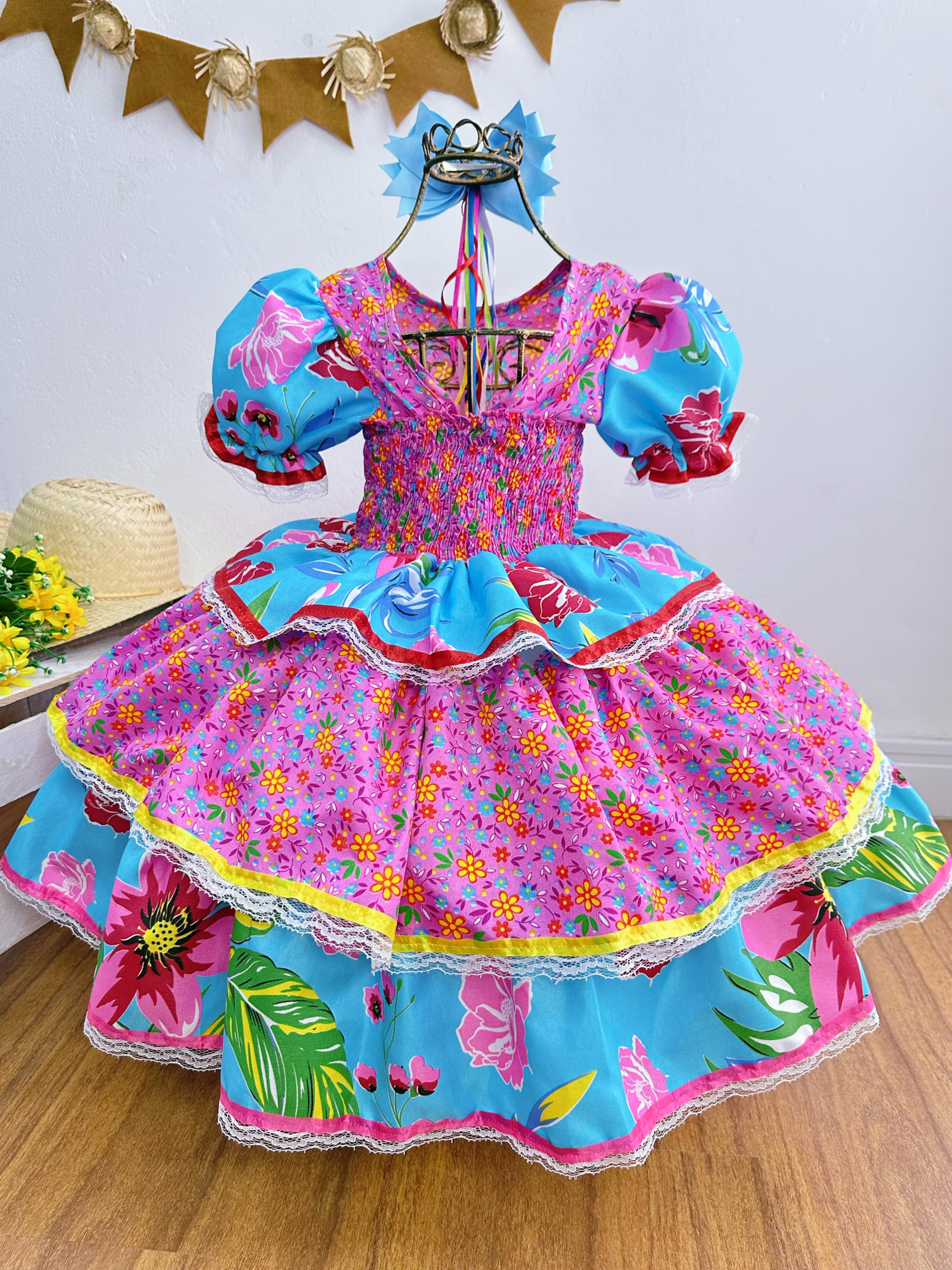 Fantasia Infantil Junino Lilás Colorido Florzinhas Festas