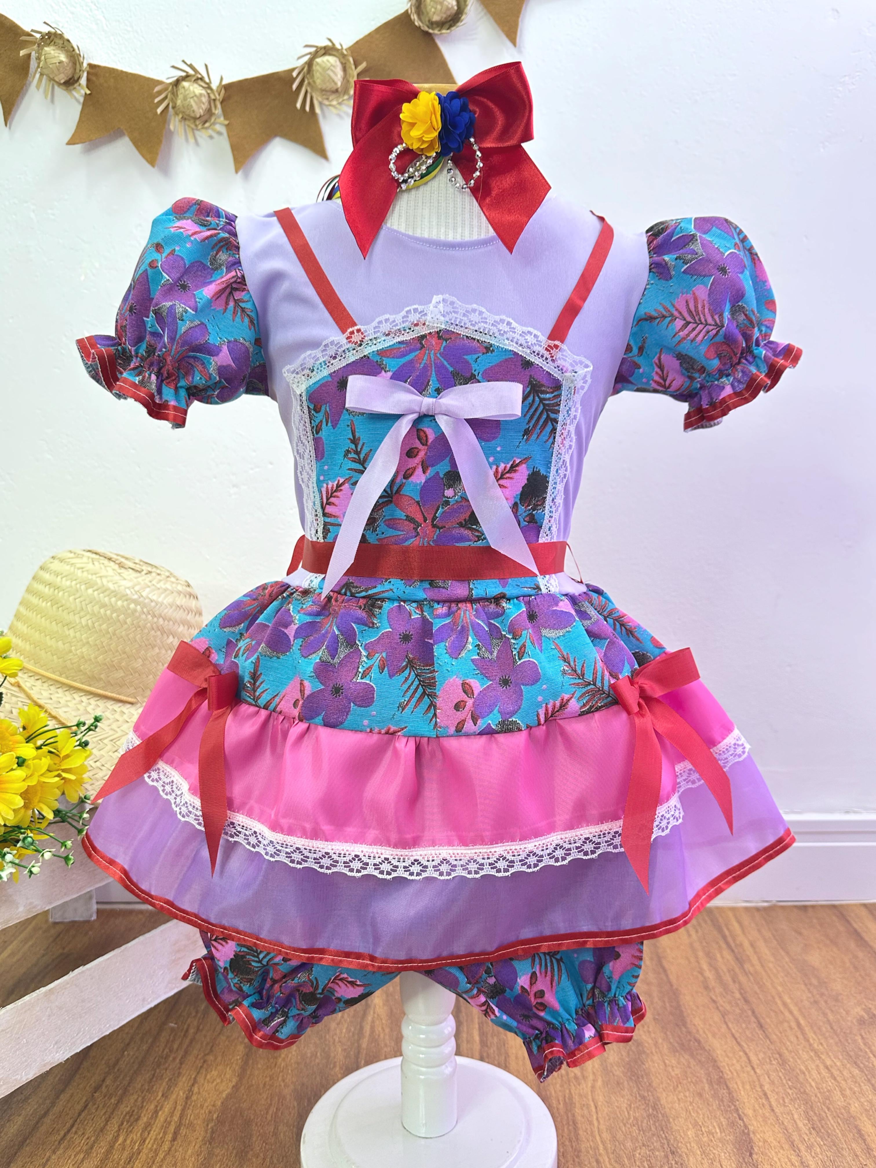 Fantasia Infantil Junino Lilás Florzinhas Coloridas