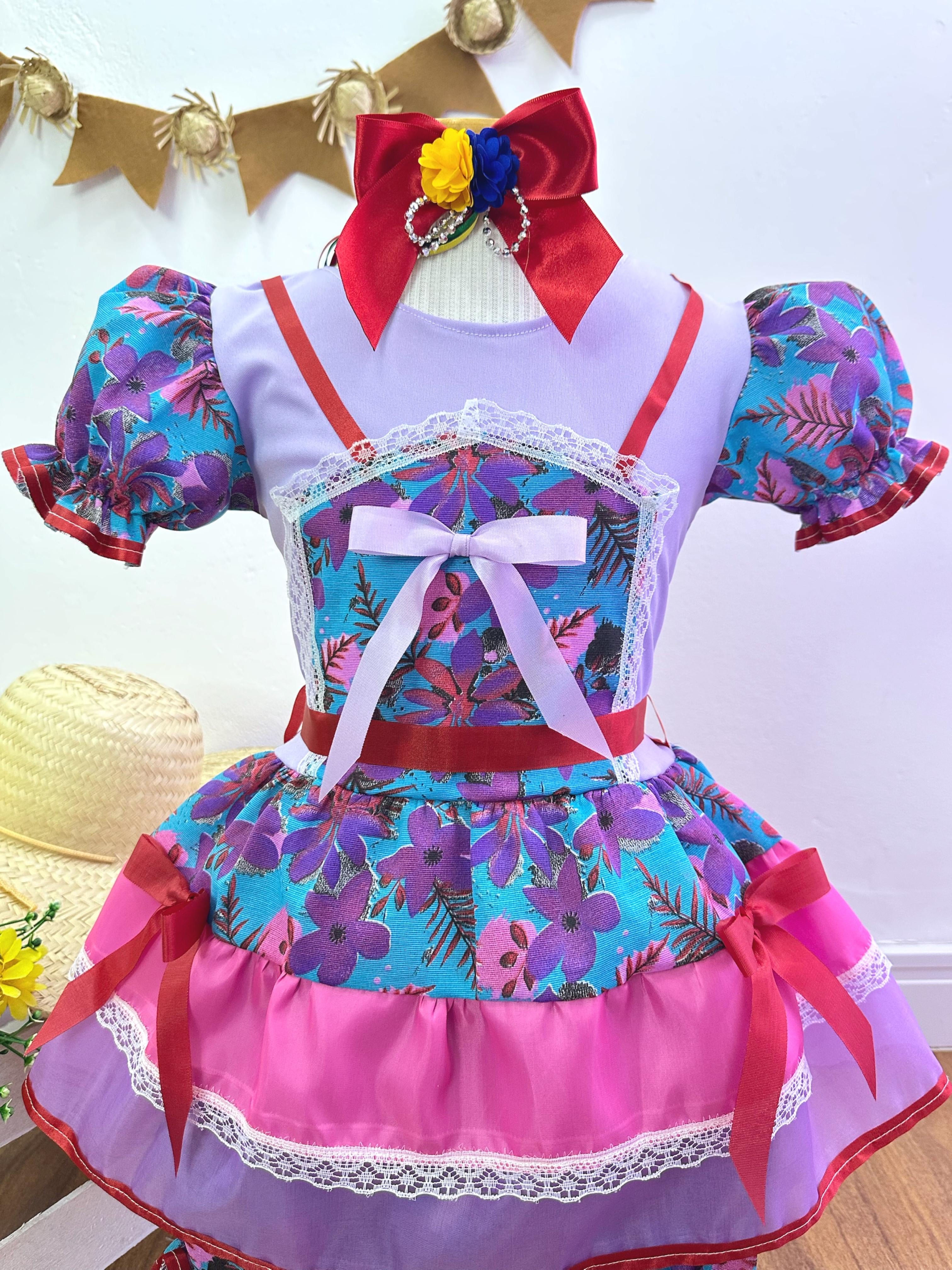 Fantasia Infantil Junino Lilás Florzinhas Coloridas