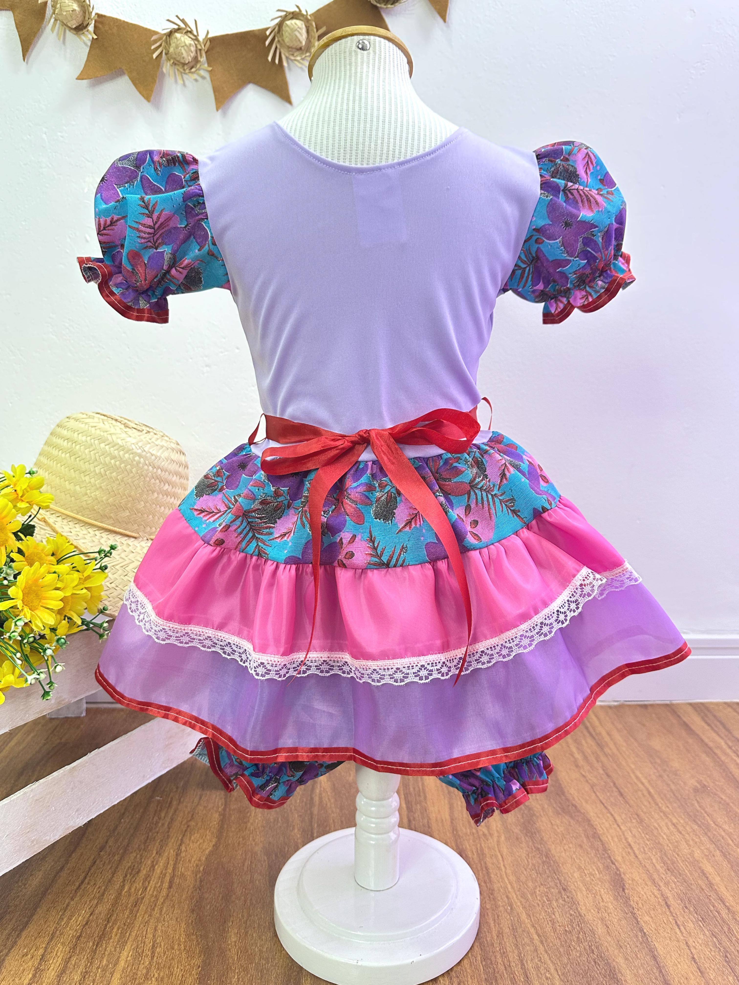 Fantasia Infantil Junino Lilás Florzinhas Coloridas