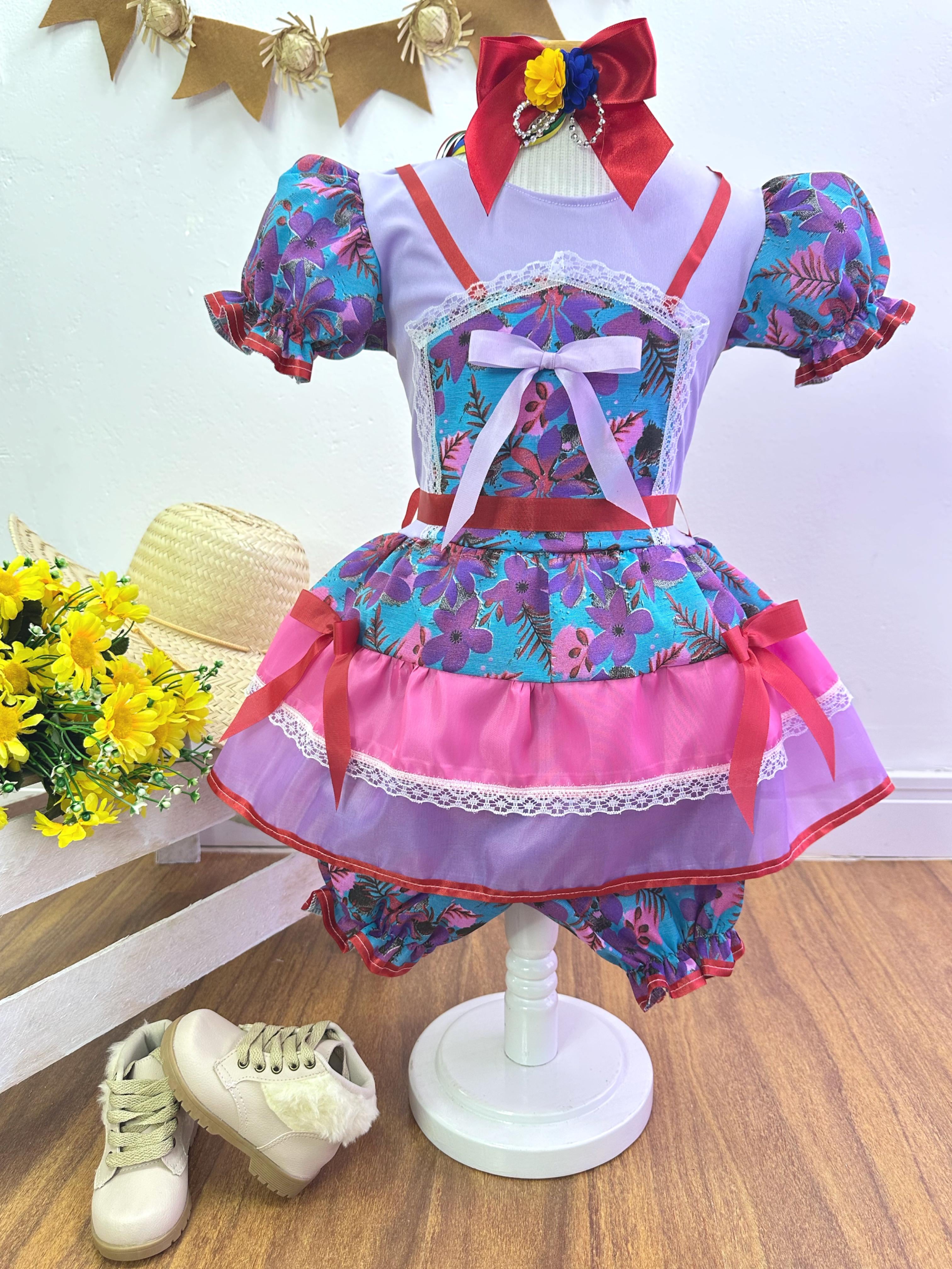 Fantasia Infantil Junino Lilás Florzinhas Coloridas