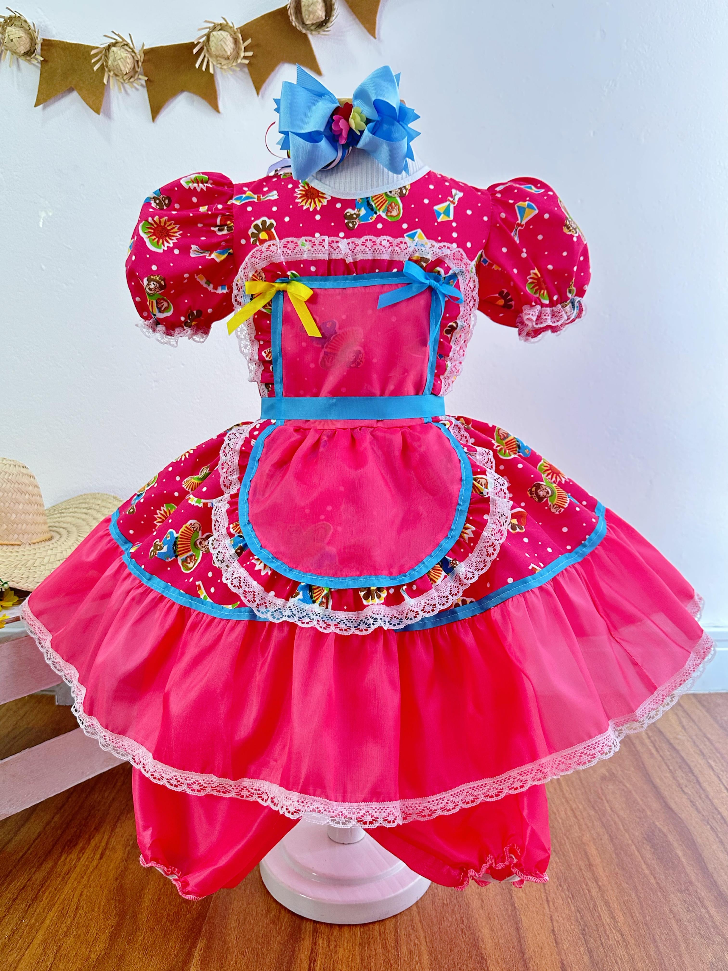 Fantasia Infantil Junino Pink Colorido Festa São João