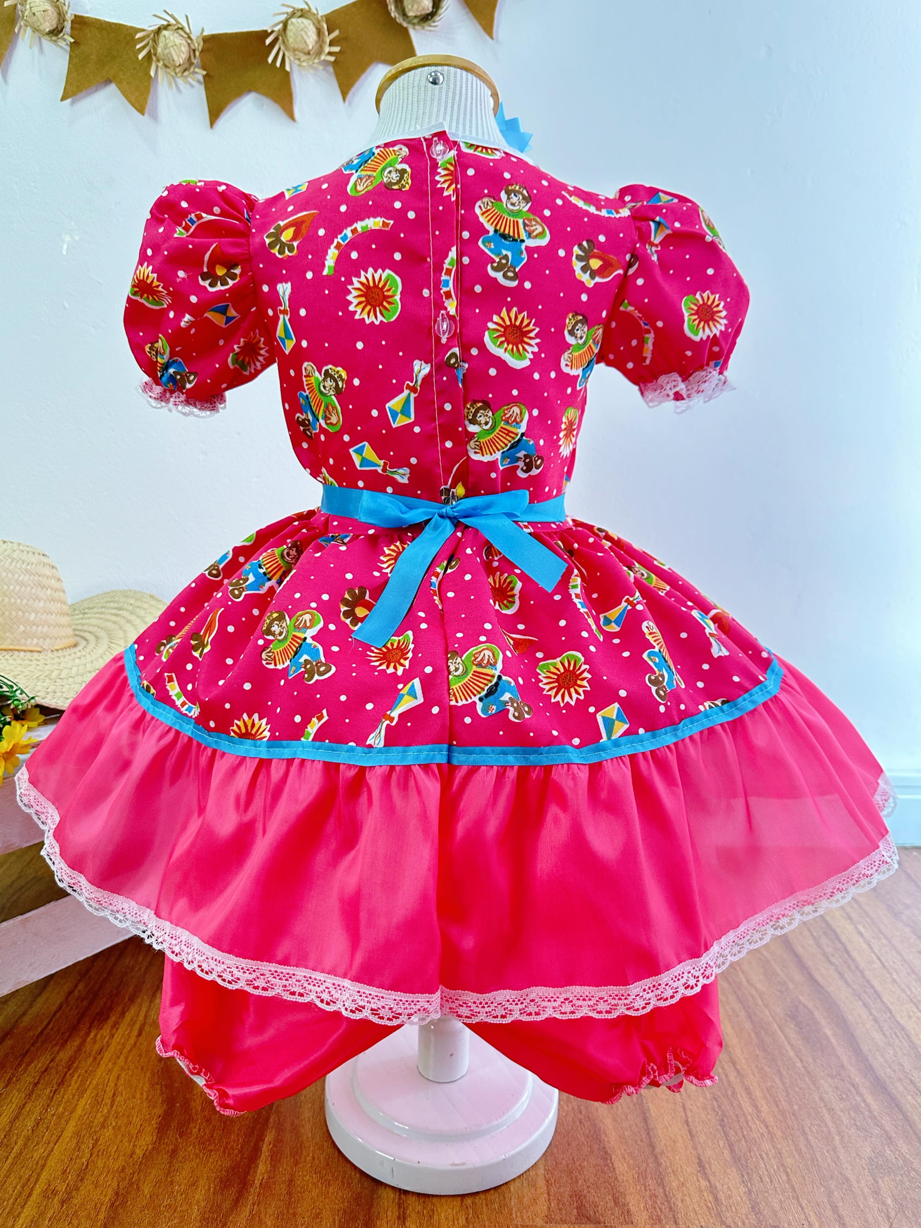 Fantasia Infantil Junino Pink Colorido Festa São João