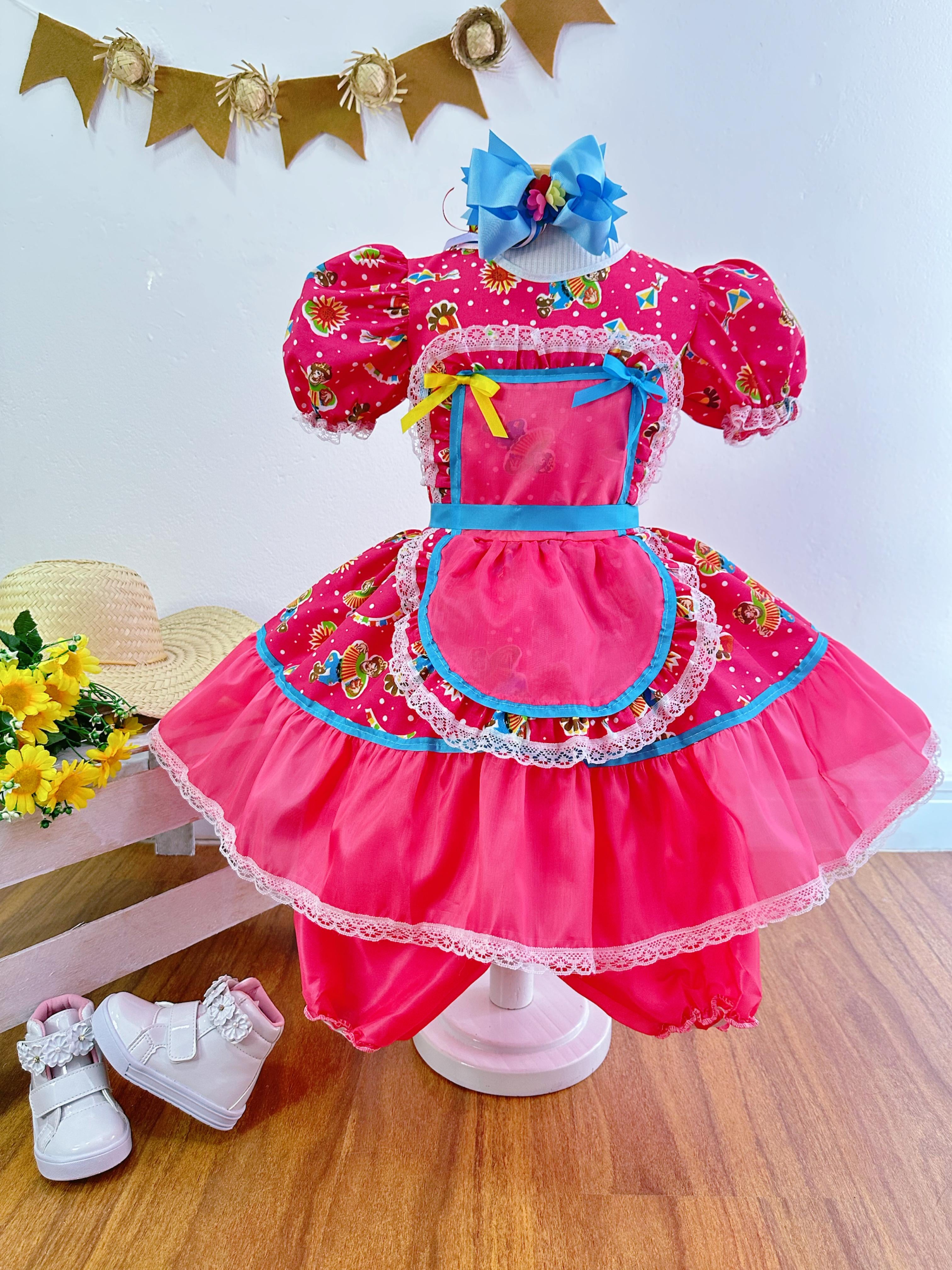 Fantasia Infantil Junino Pink Colorido Festa São João