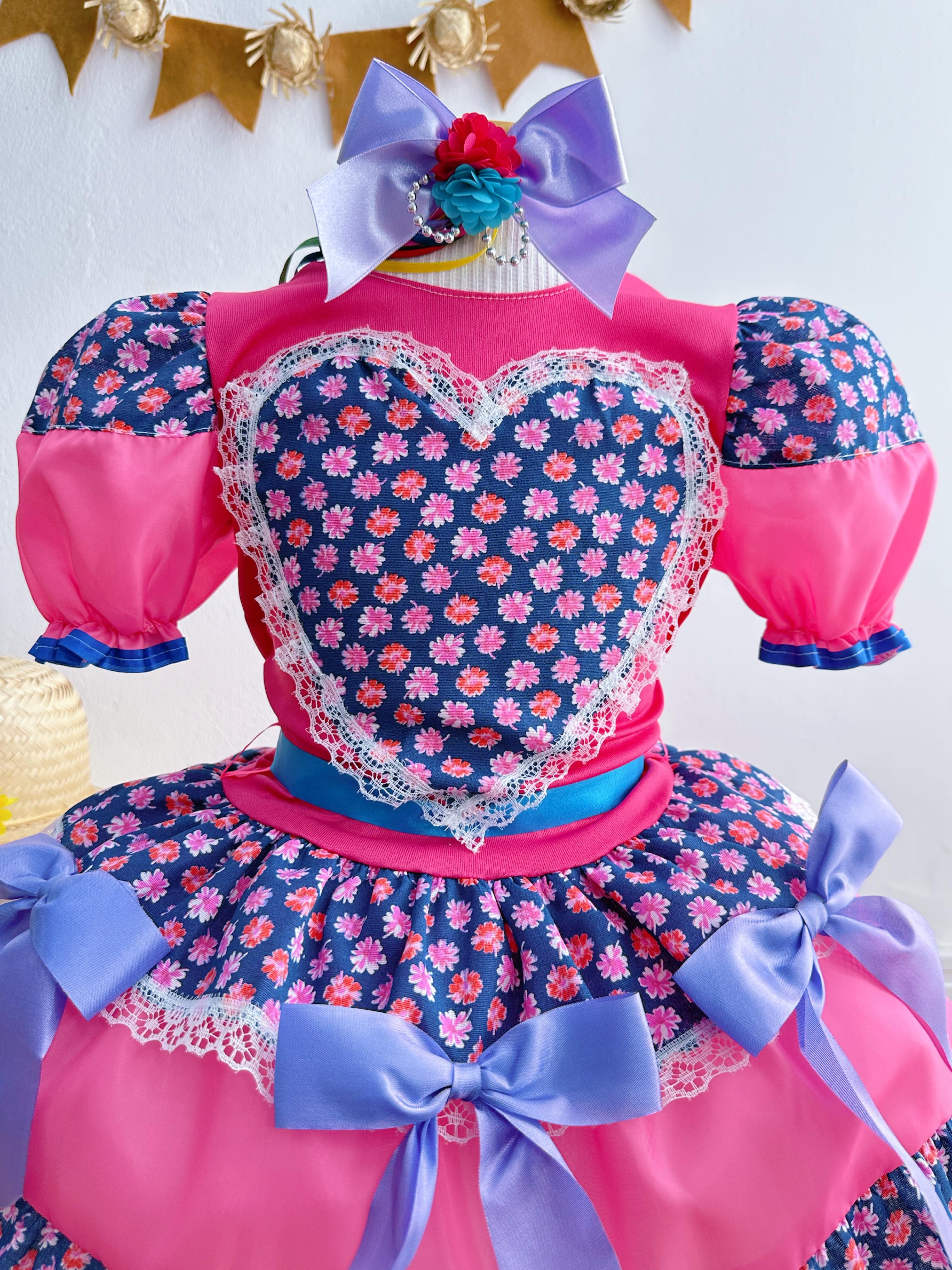 Fantasia Infantil Junino Pink Coração Colorido Festas