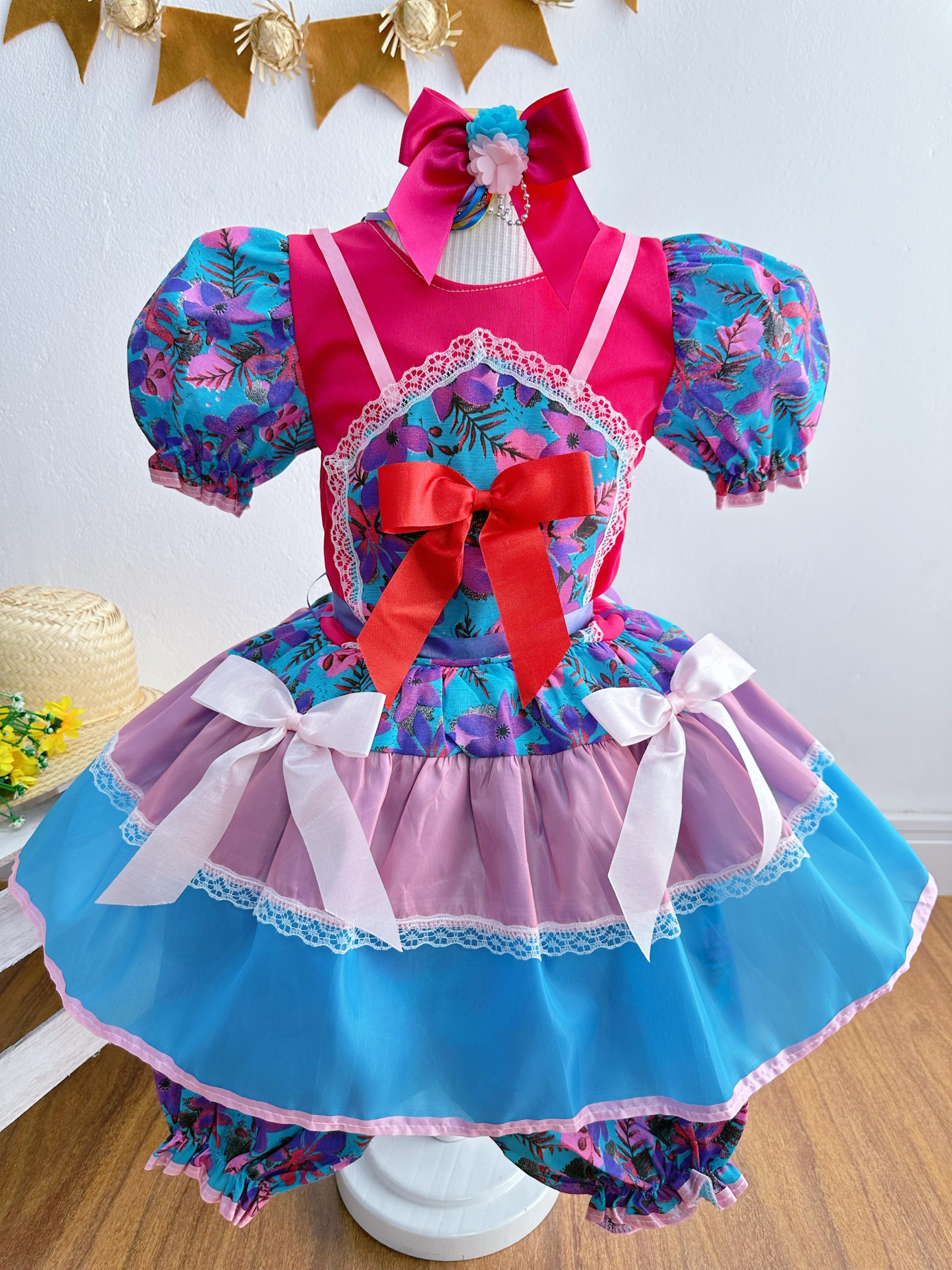 Fantasia Infantil Junino Pink e Azul Com Flores Coloridas