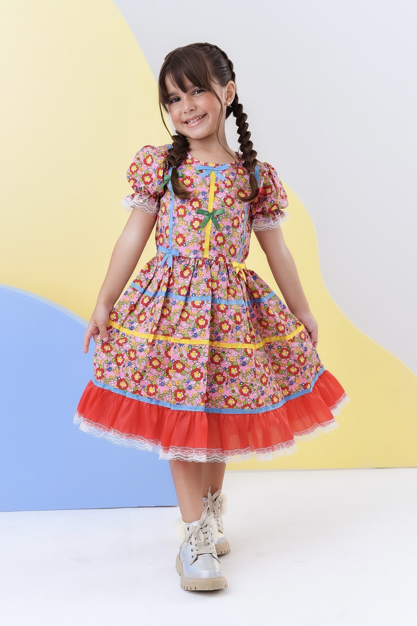 Fantasia Infantil Junino Rosa C/ Desenho de Florzinhas Luxo
