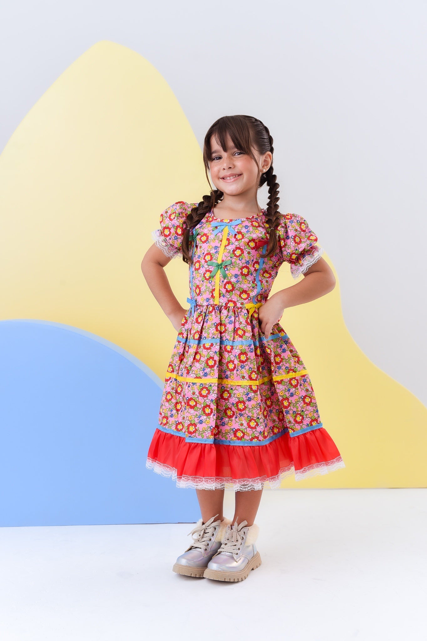 Fantasia Infantil Junino Rosa C/ Desenho de Florzinhas Luxo