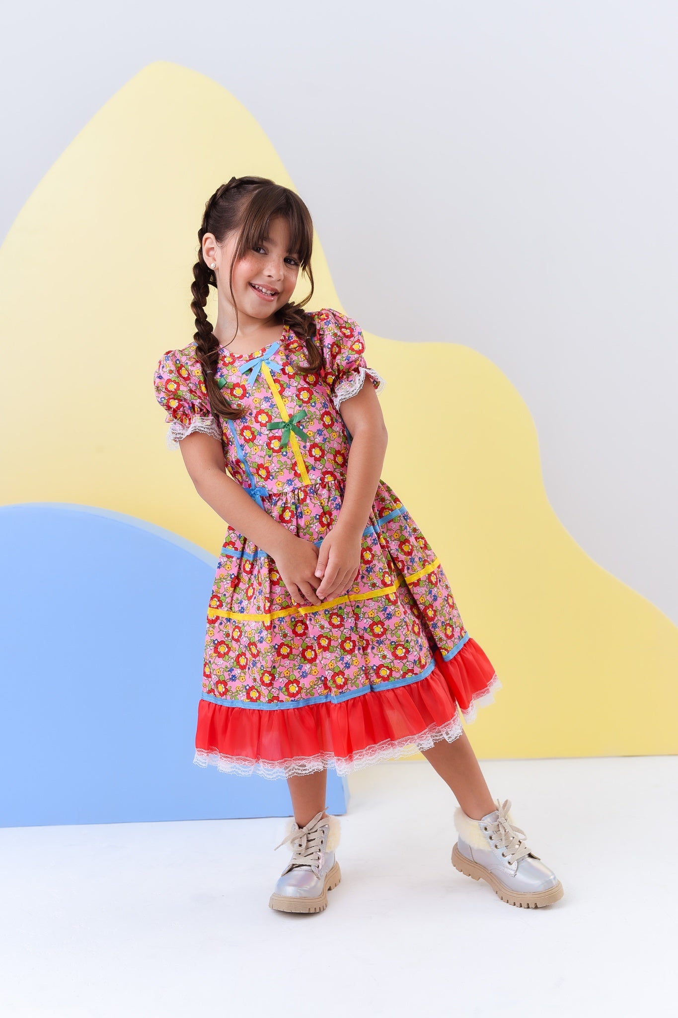 Fantasia Infantil Junino Rosa C/ Desenho de Florzinhas Luxo