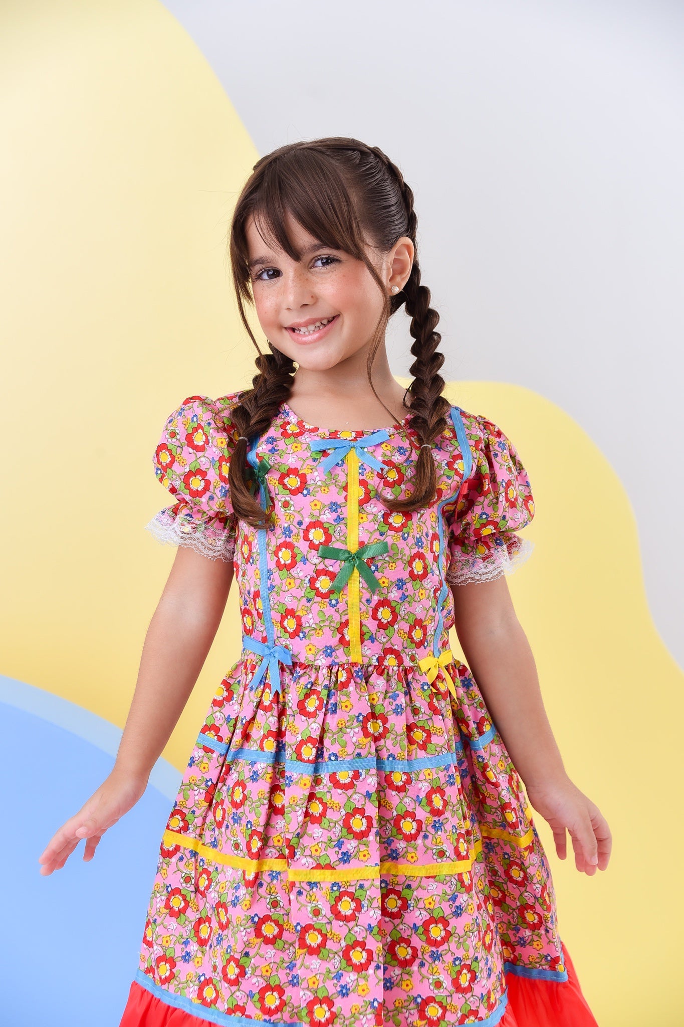 Fantasia Infantil Junino Rosa C/ Desenho de Florzinhas Luxo