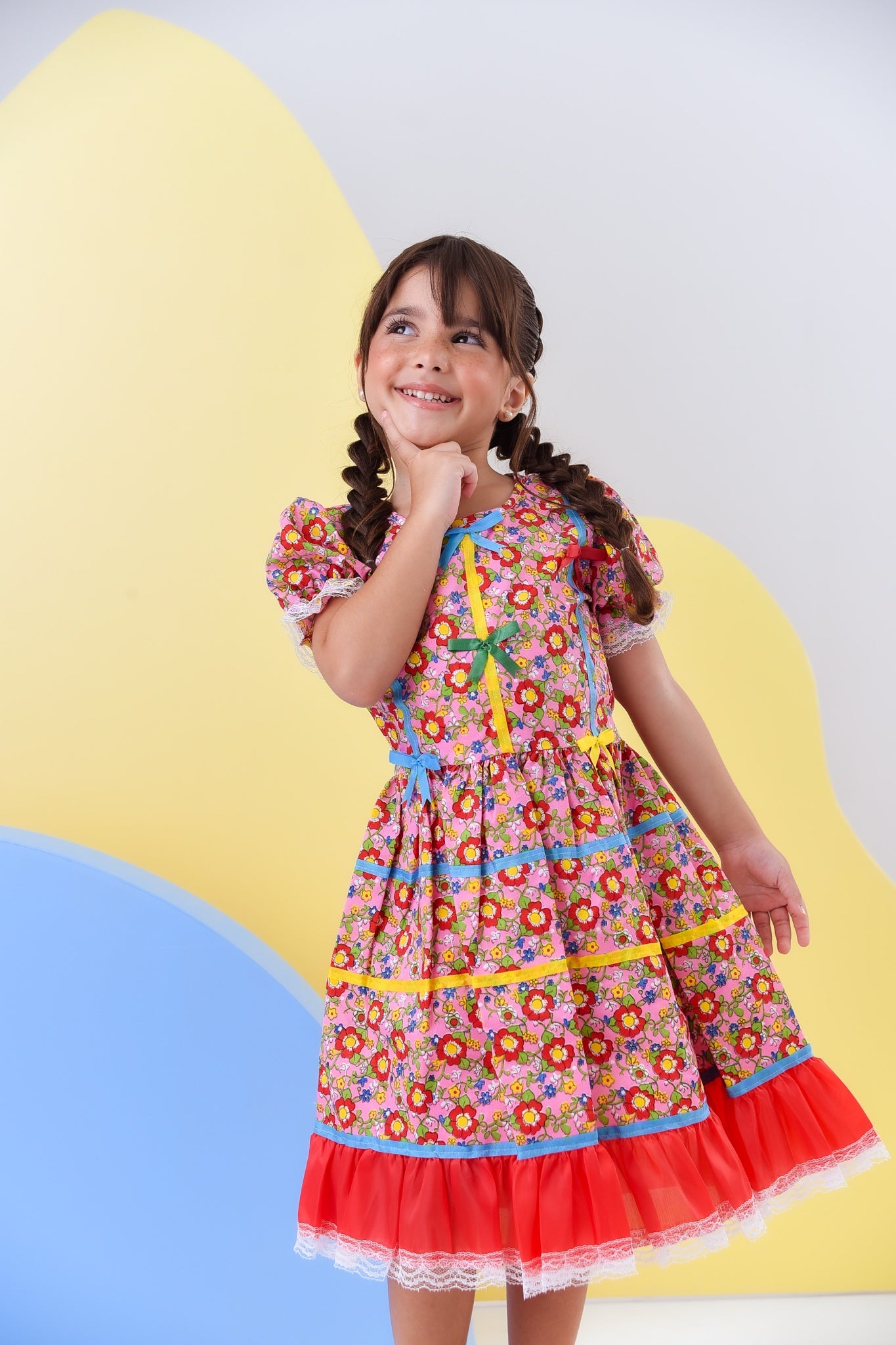 Fantasia Infantil Junino Rosa C/ Desenho de Florzinhas Luxo