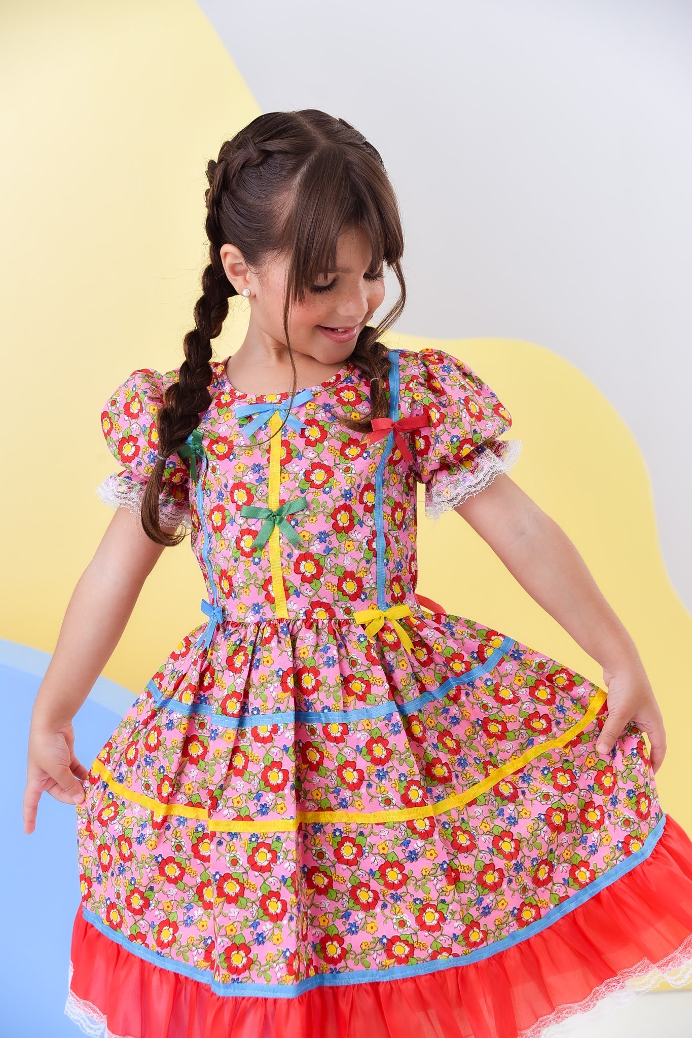 Fantasia Infantil Junino Rosa C/ Desenho de Florzinhas Luxo