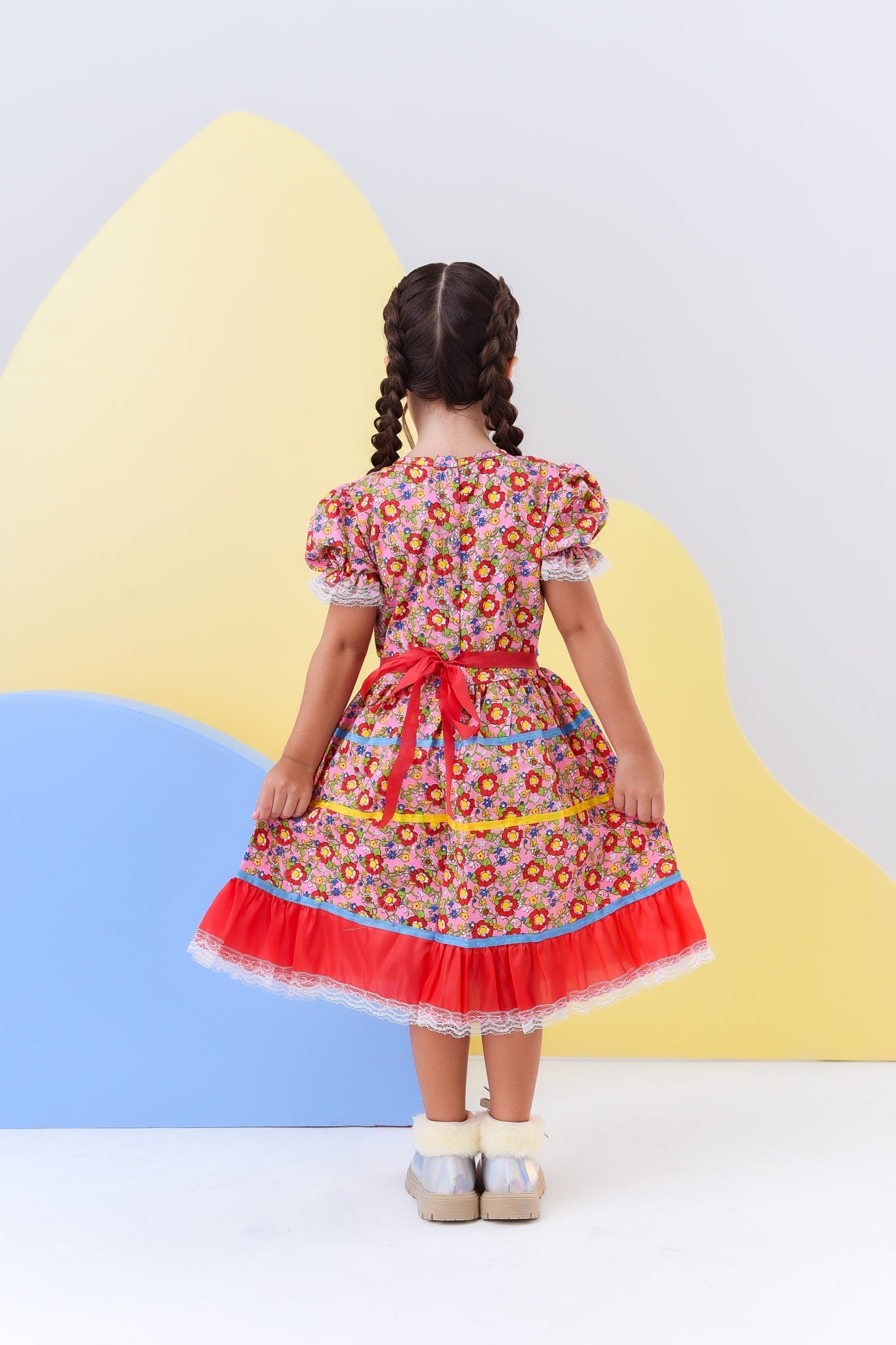 Fantasia Infantil Junino Rosa C/ Desenho de Florzinhas Luxo