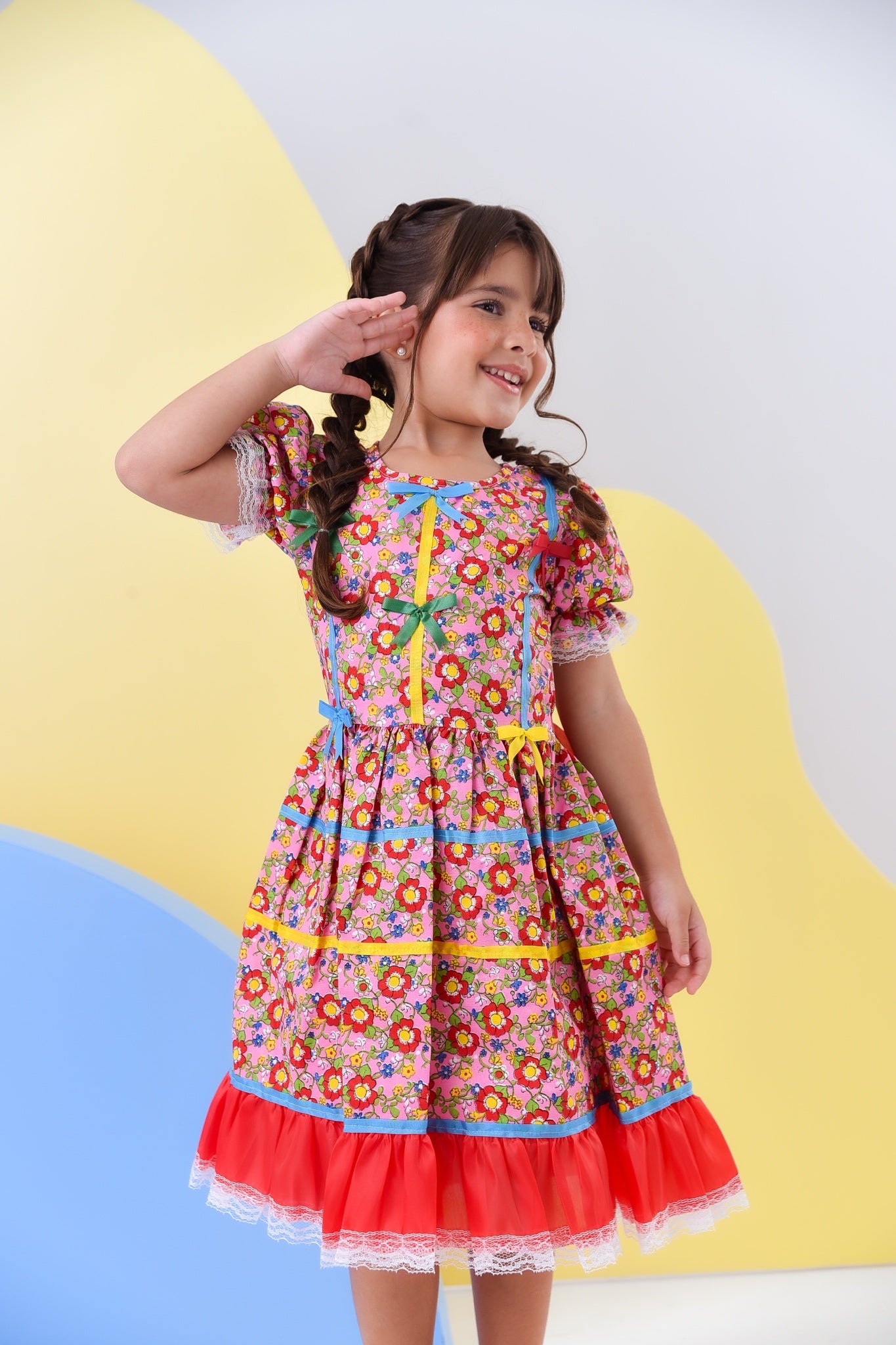 Fantasia Infantil Junino Rosa C/ Desenho de Florzinhas Luxo