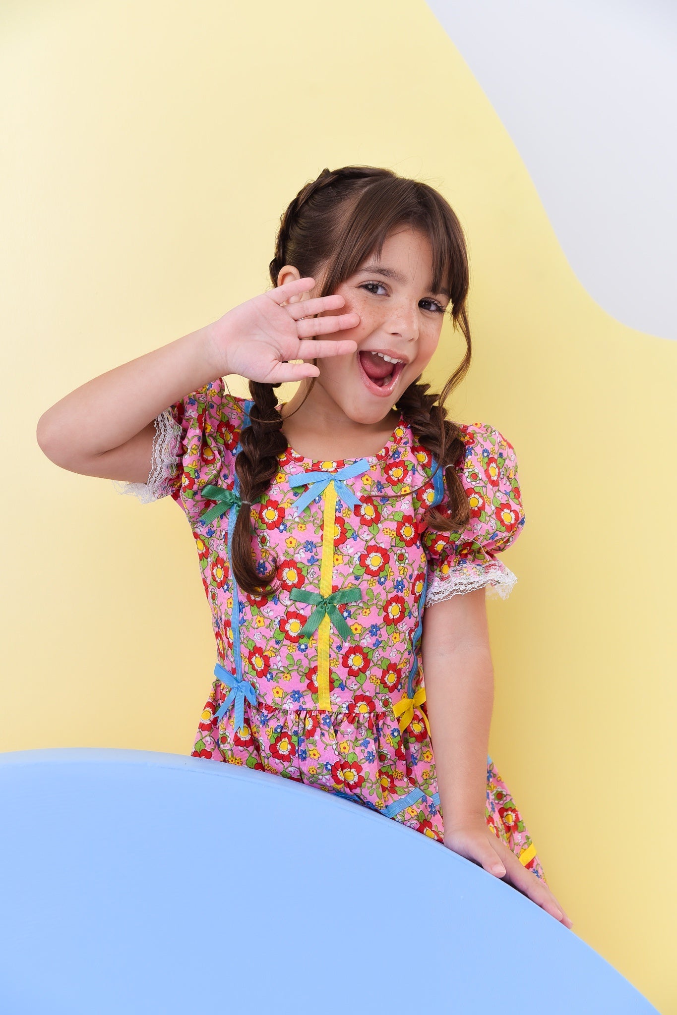 Fantasia Infantil Junino Rosa C/ Desenho de Florzinhas Luxo