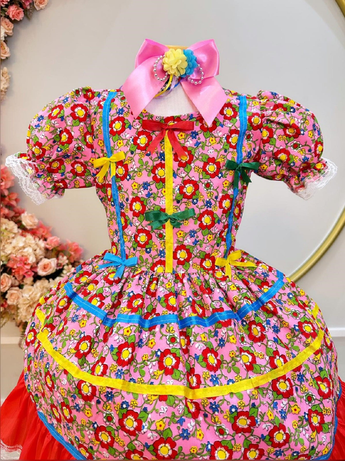 Fantasia Infantil Junino Rosa C/ Desenho de Florzinhas Luxo