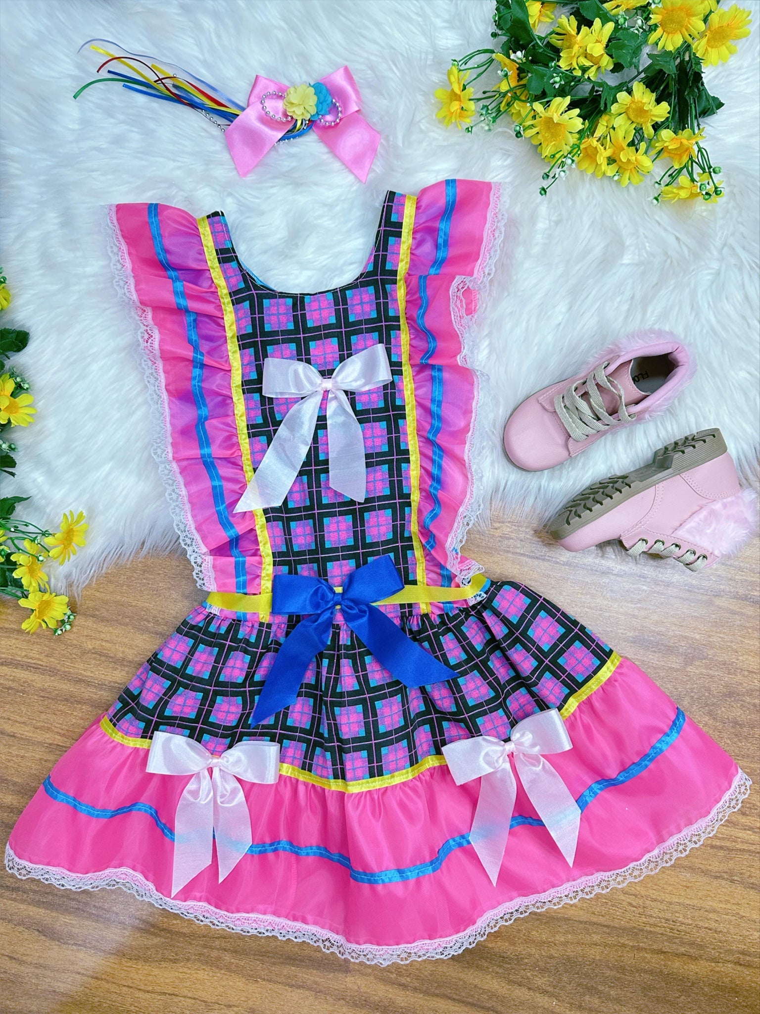 Vestido Infantil Junino Rosa Chiclete Xadrez Colorido Festas