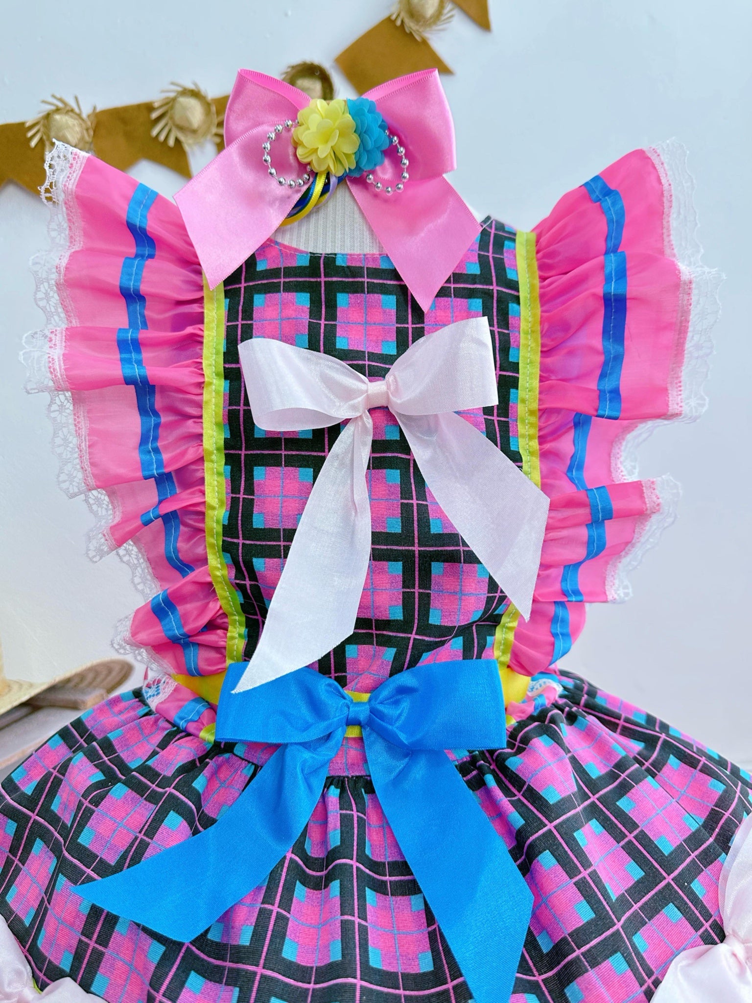 Vestido Infantil Junino Rosa Chiclete Xadrez Colorido Festas