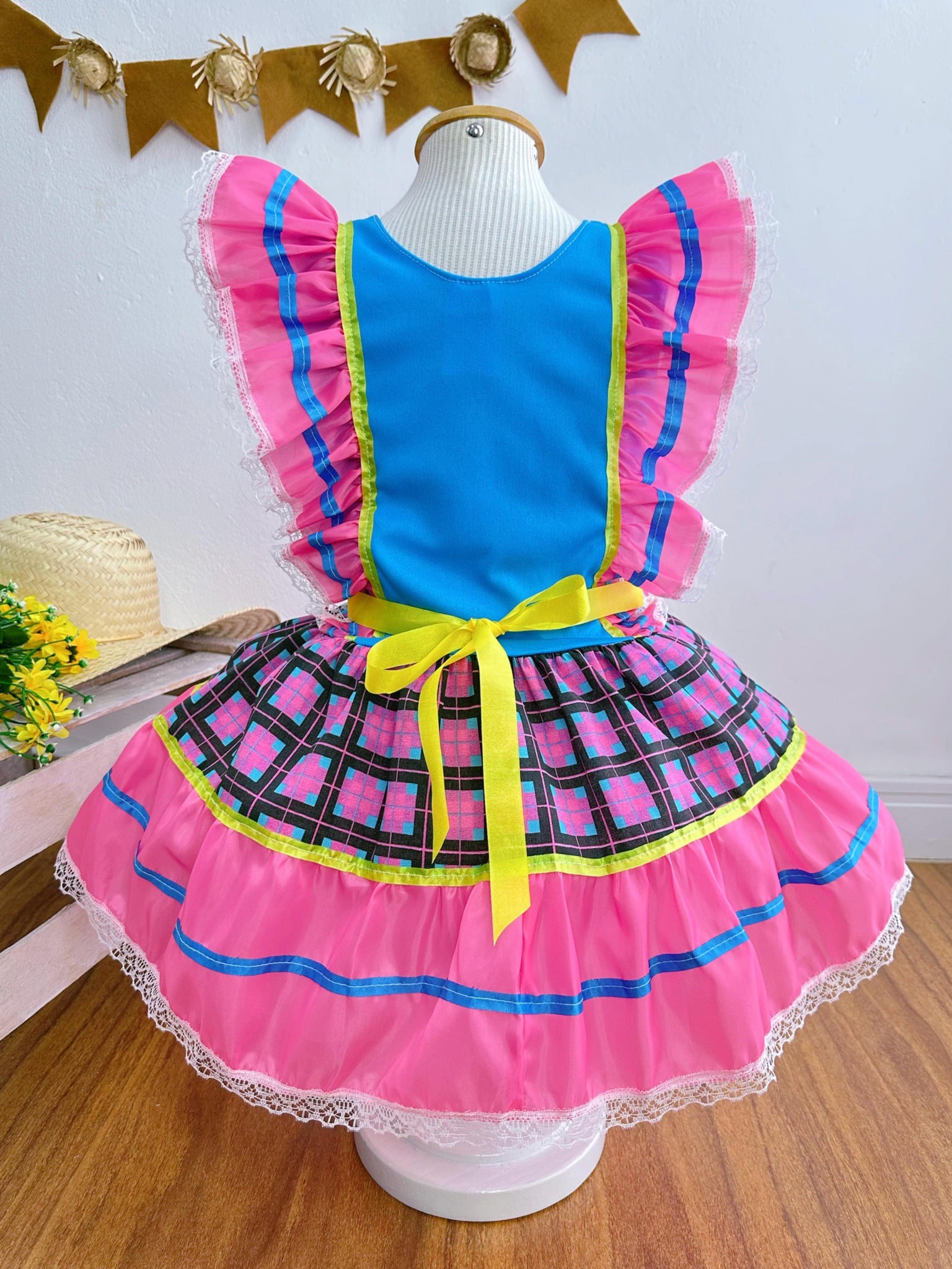 Vestido Infantil Junino Rosa Chiclete Xadrez Colorido Festas