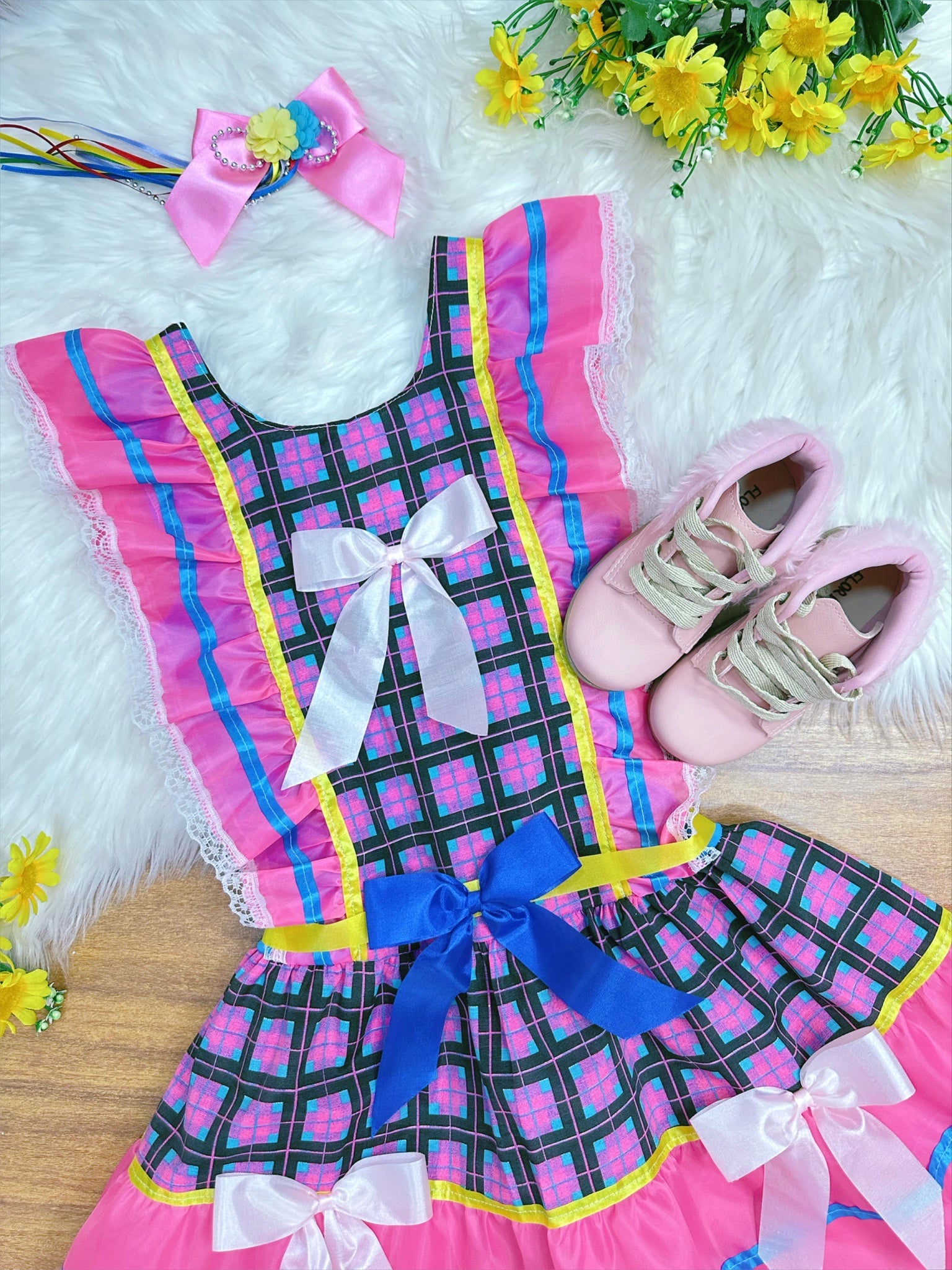 Vestido Infantil Junino Rosa Chiclete Xadrez Colorido Festas