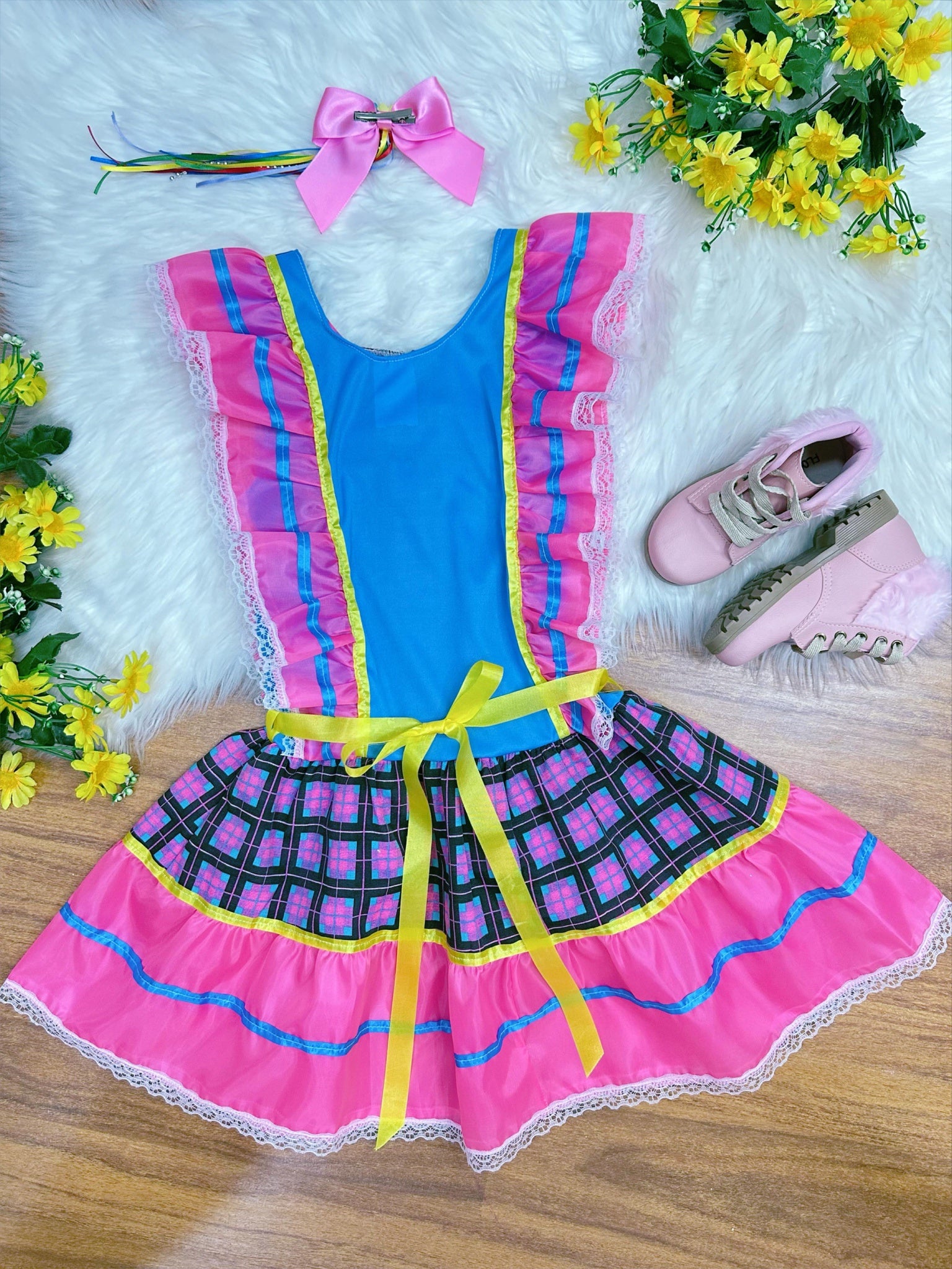 Vestido Infantil Junino Rosa Chiclete Xadrez Colorido Festas