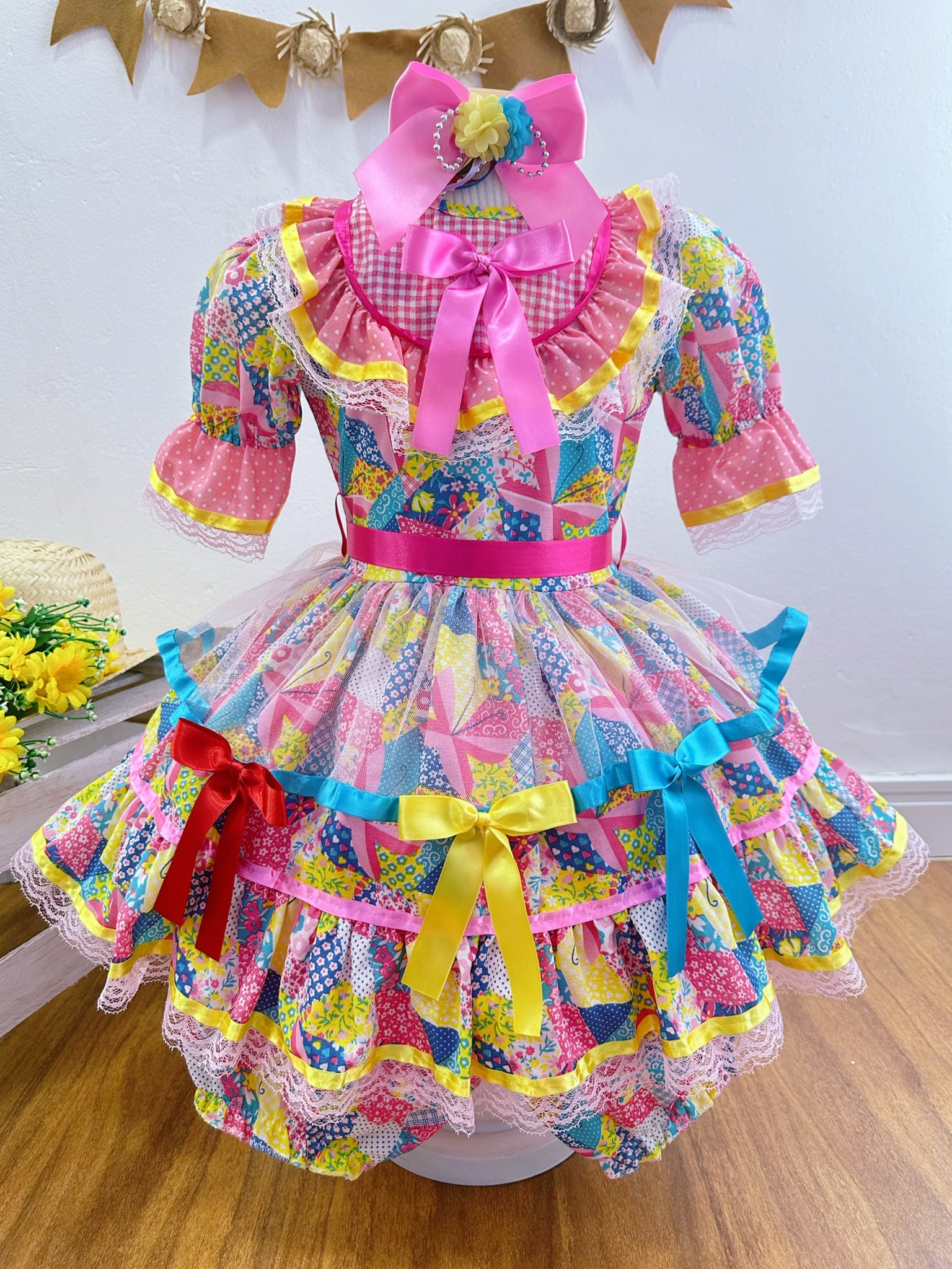 Vestido Infantil Junino Rosa Com Estampa Colorida Festas
