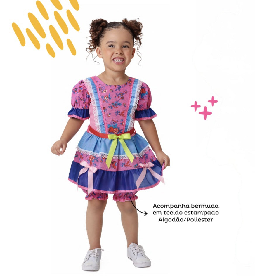 Fantasia Infantil Junino Rosa e Azul Florzinhas Coloridas