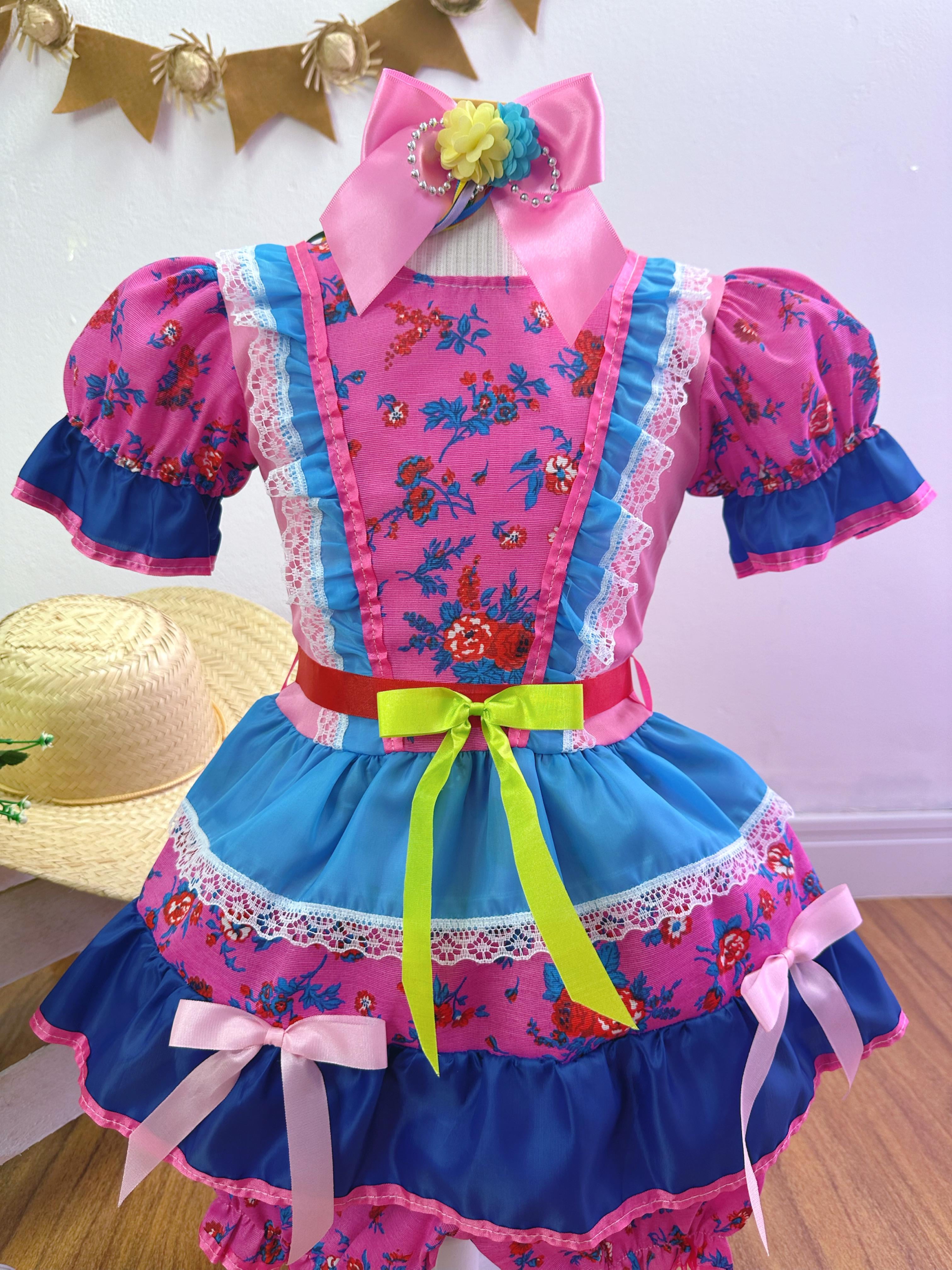 Fantasia Infantil Junino Rosa e Azul Florzinhas Coloridas