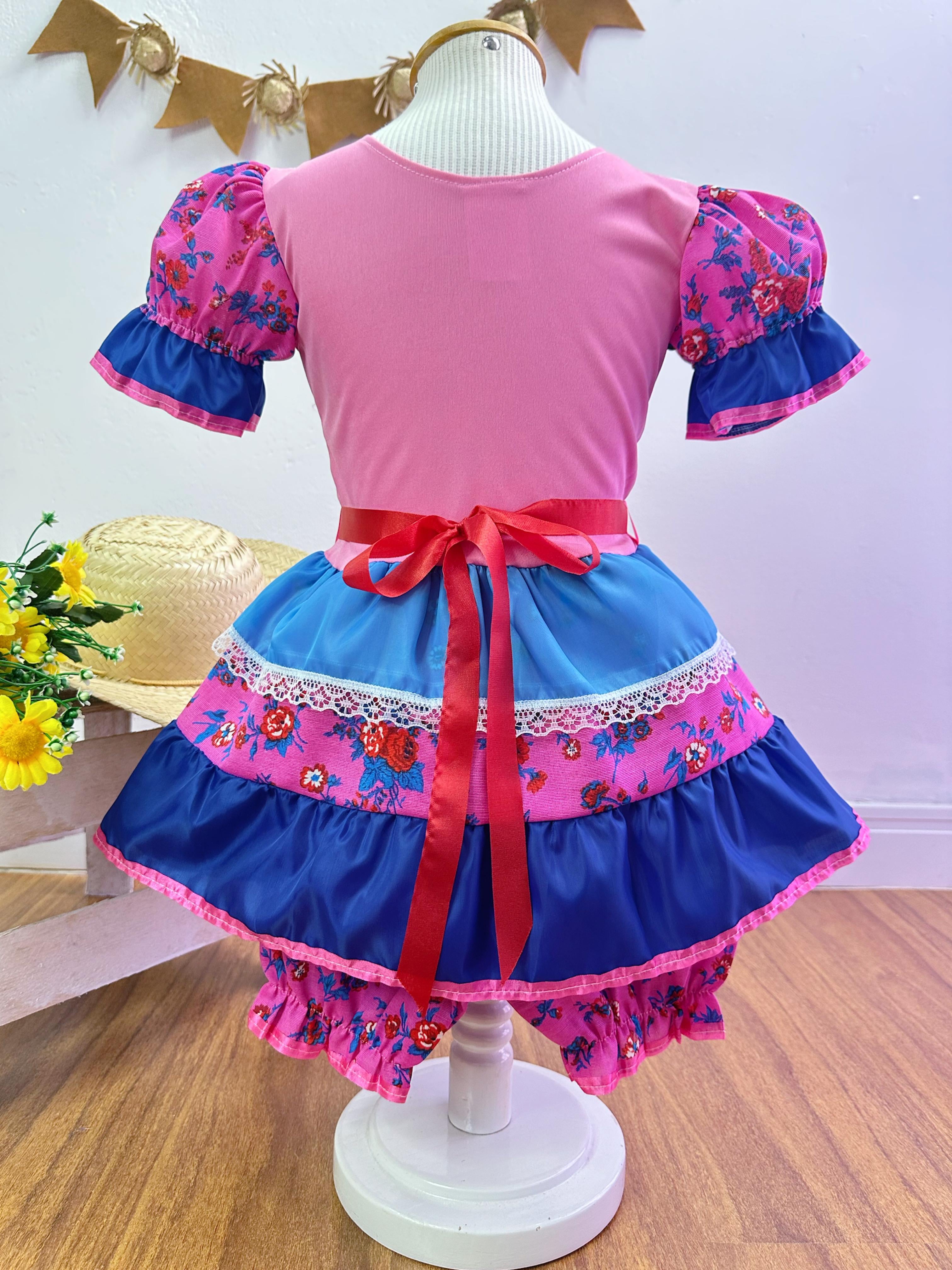 Fantasia Infantil Junino Rosa e Azul Florzinhas Coloridas
