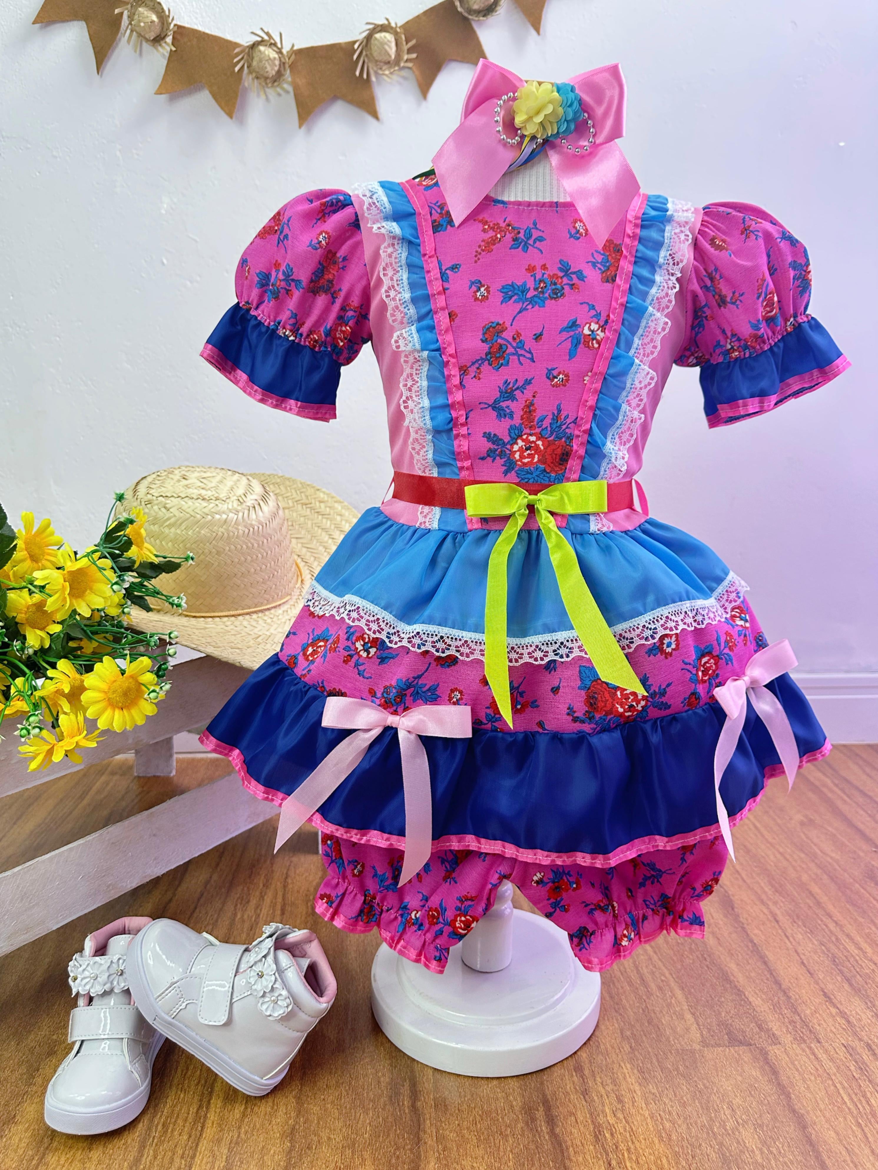 Fantasia Infantil Junino Rosa e Azul Florzinhas Coloridas