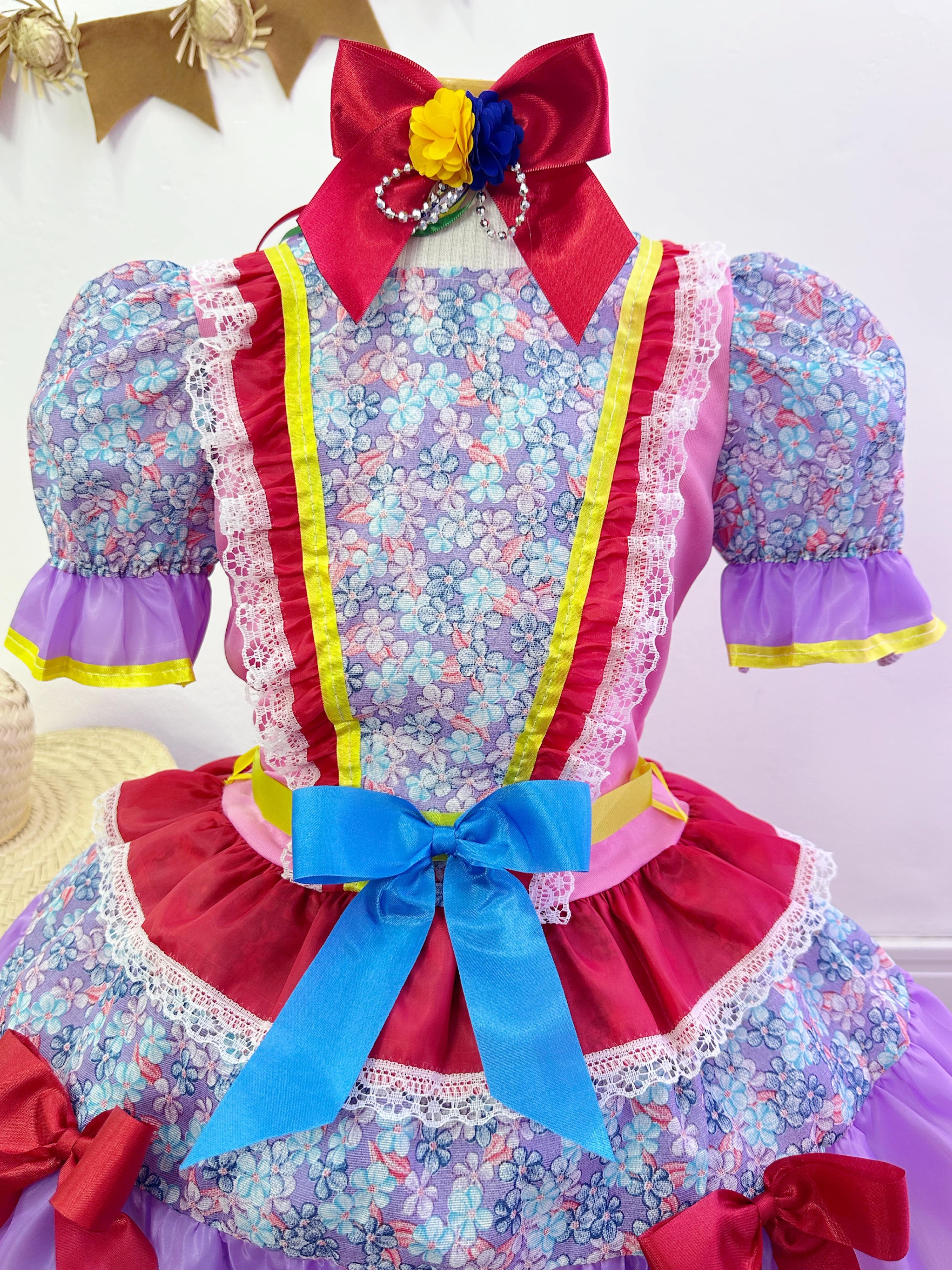 Fantasia Infantil Junino Rosa e Lilás Flores Coloridas