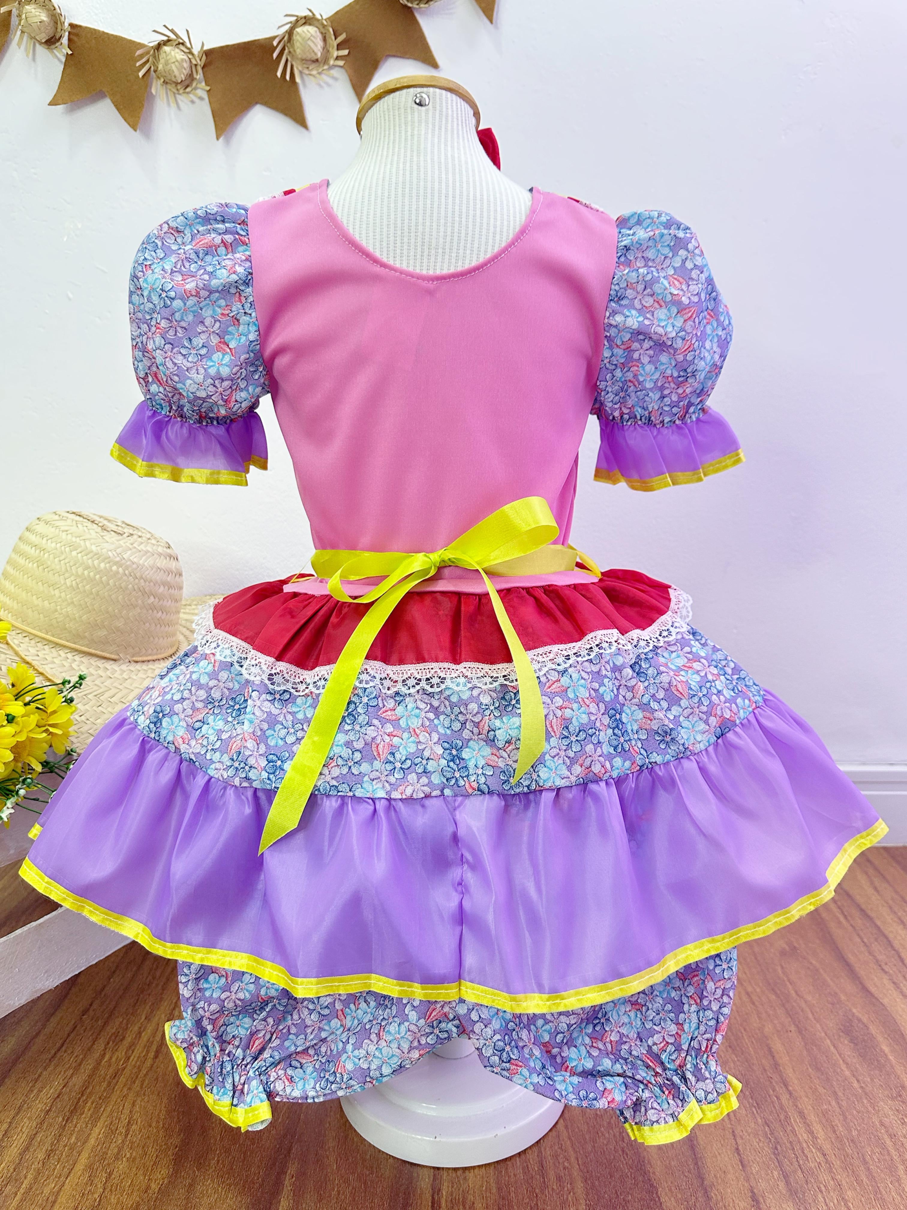 Fantasia Infantil Junino Rosa e Lilás Flores Coloridas