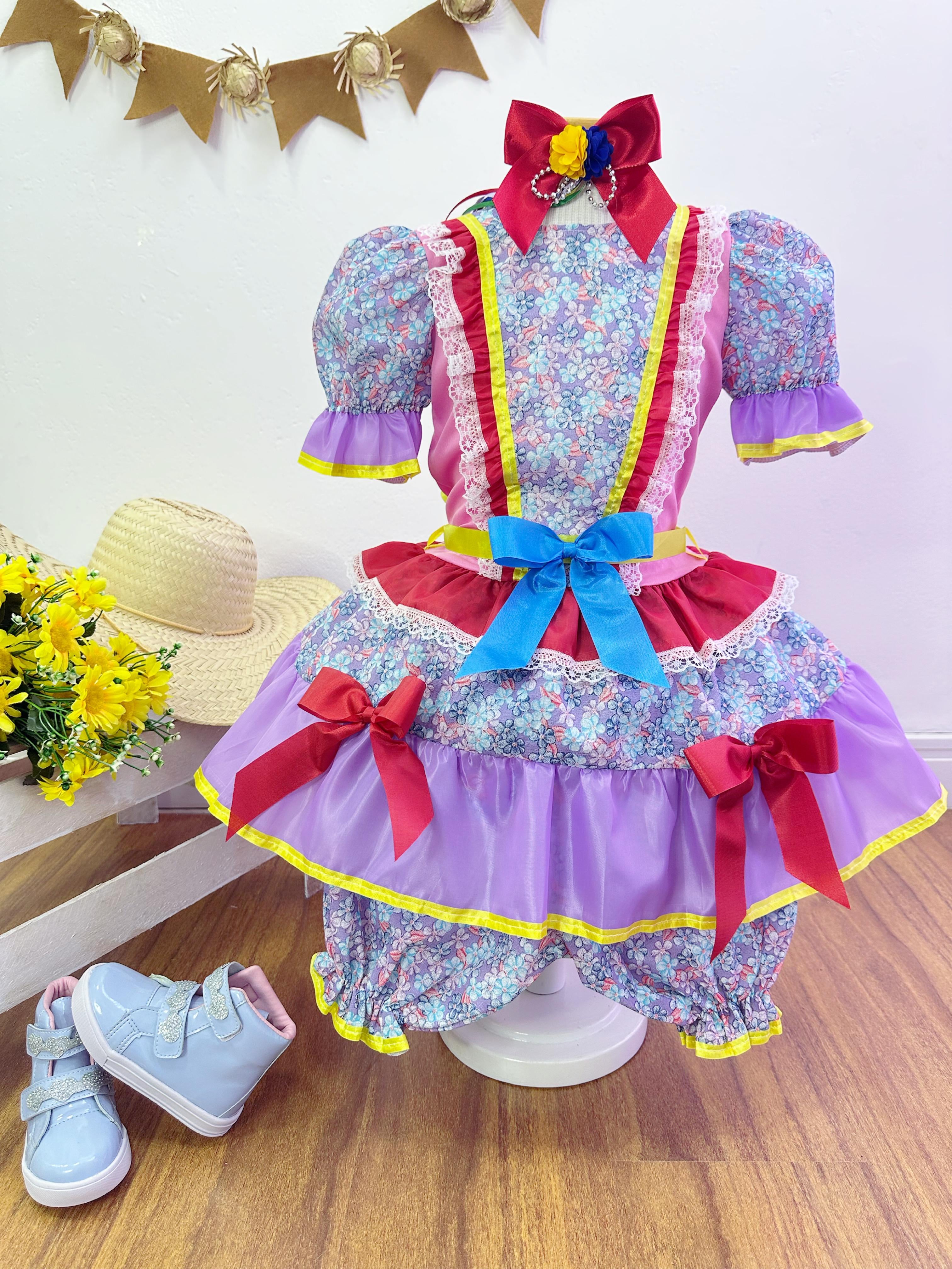Fantasia Infantil Junino Rosa e Lilás Flores Coloridas