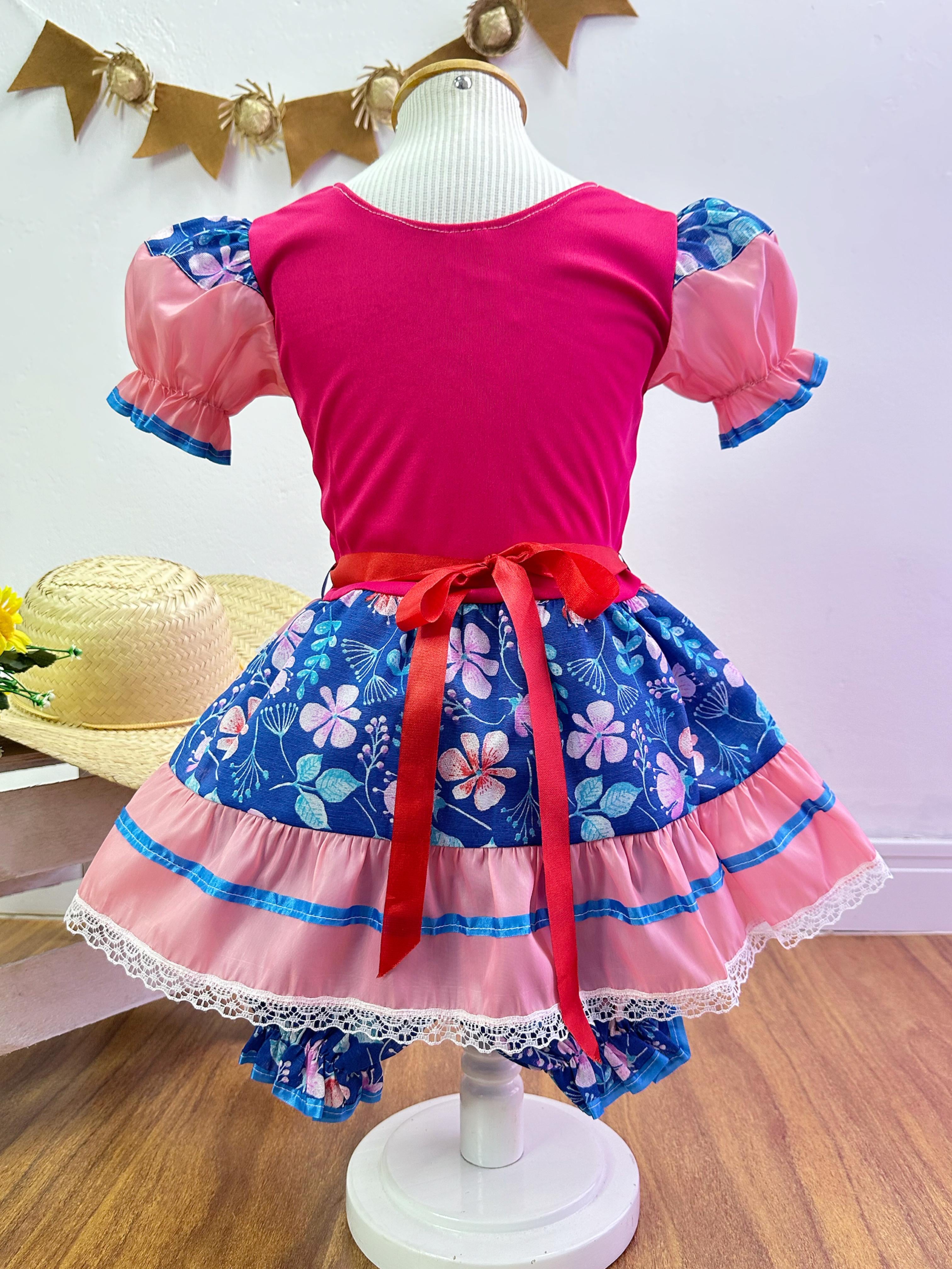Fantasia Infantil Junino Salmão e Pink Florzinhas Coloridas