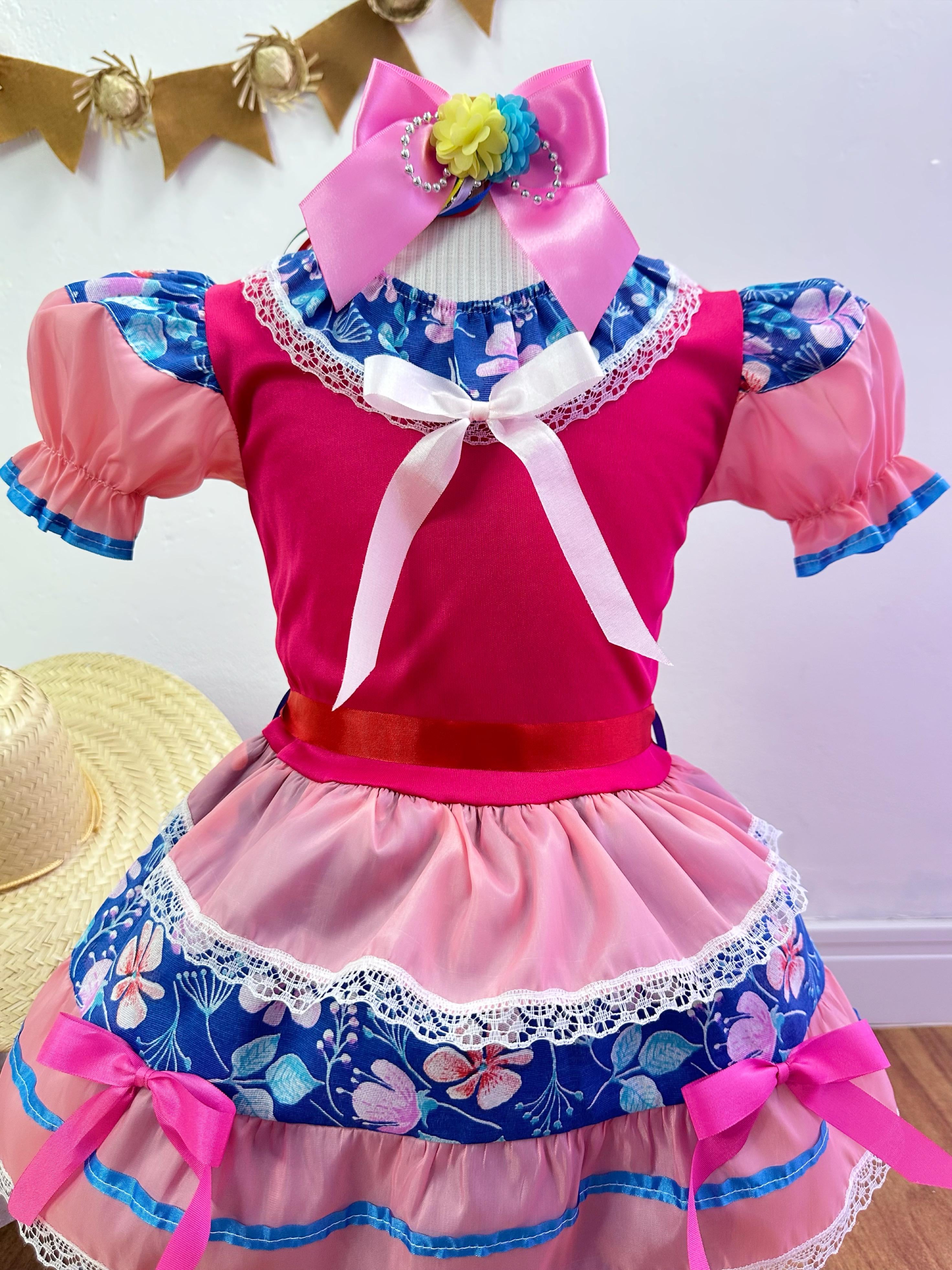 Fantasia Infantil Junino Salmão e Pink Florzinhas Coloridas