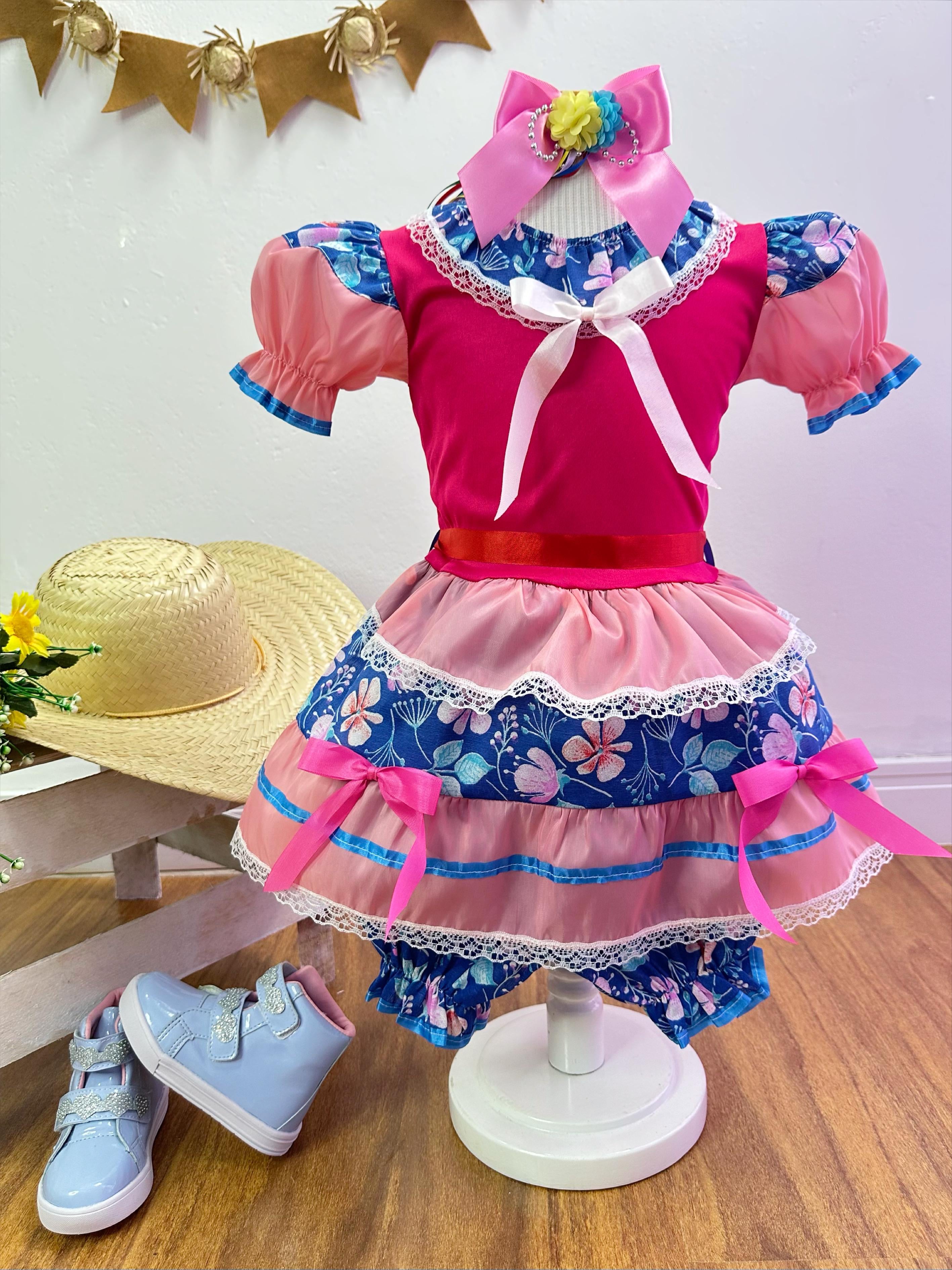 Fantasia Infantil Junino Salmão e Pink Florzinhas Coloridas