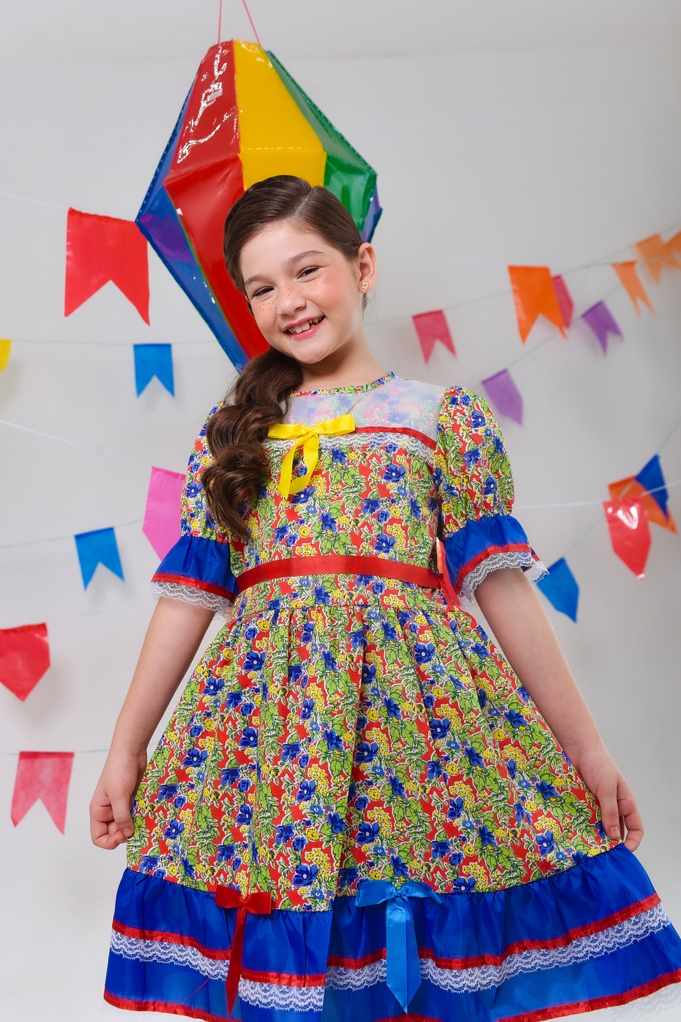 Fantasia Infantil Junino Verde Com Estampa Florzinhas Festas