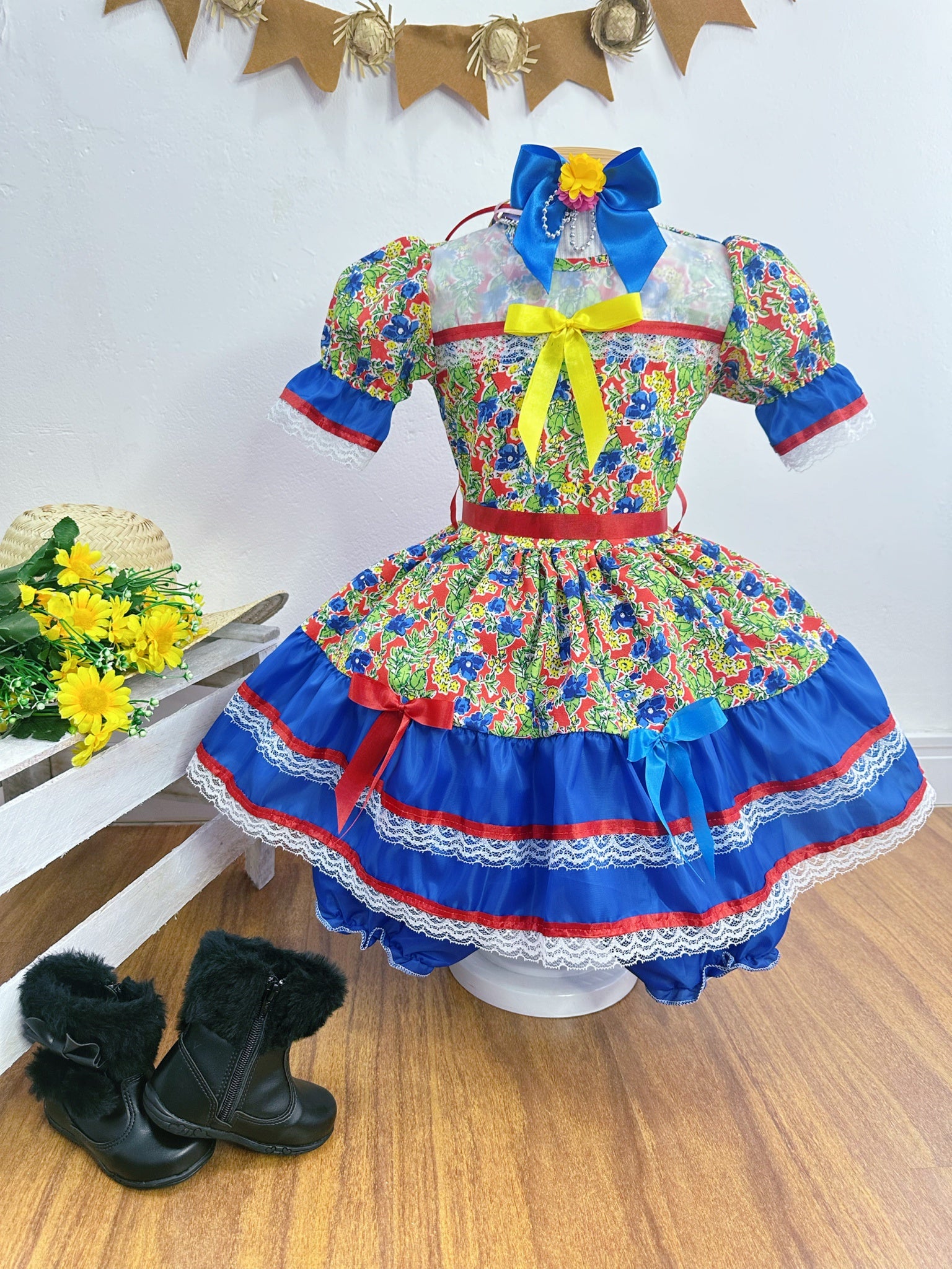 Fantasia Infantil Junino Verde Com Estampa Florzinhas Festas