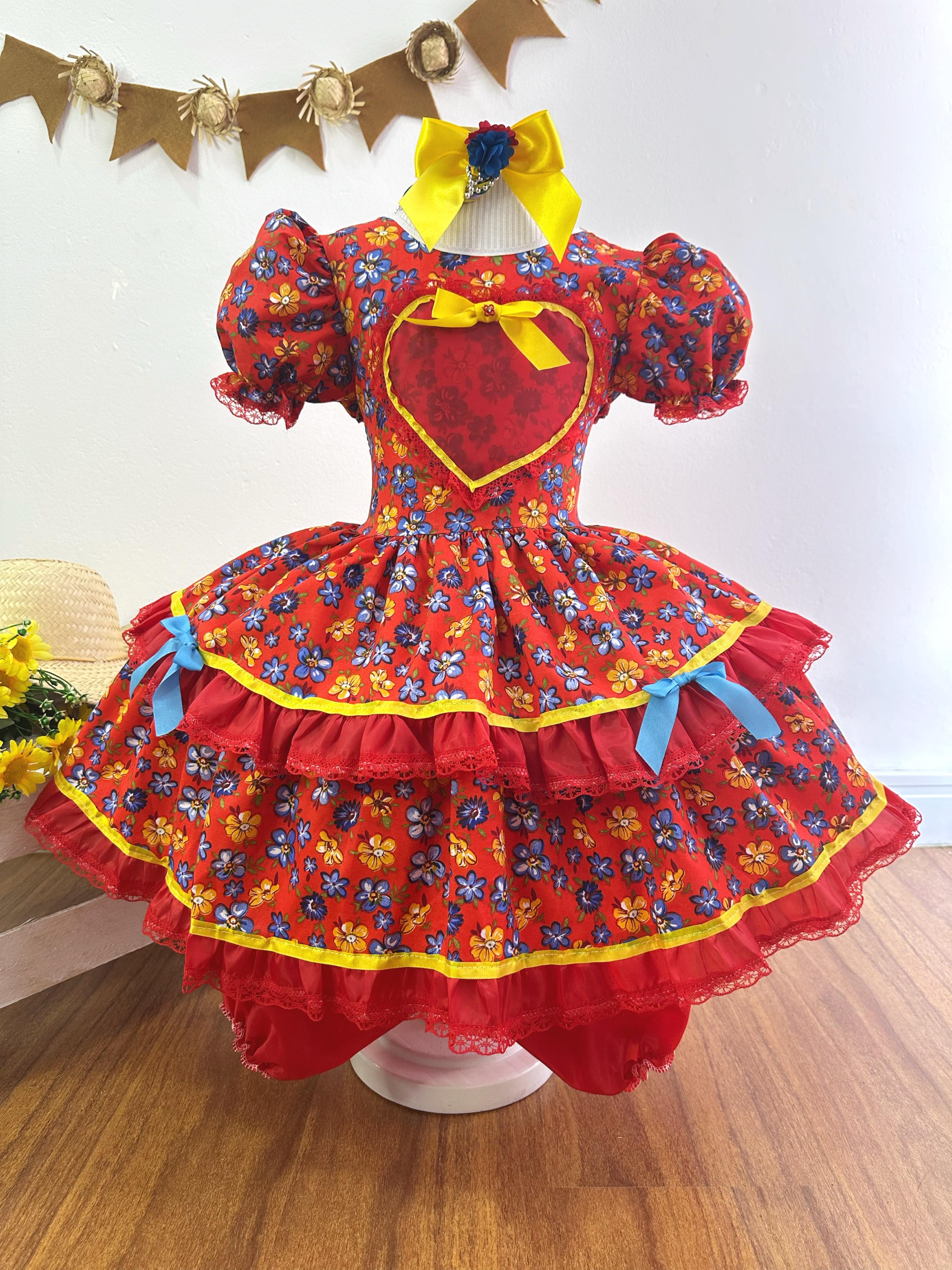 Fantasia Infantil Junino Vermelho Coração Colorido Florzinhas