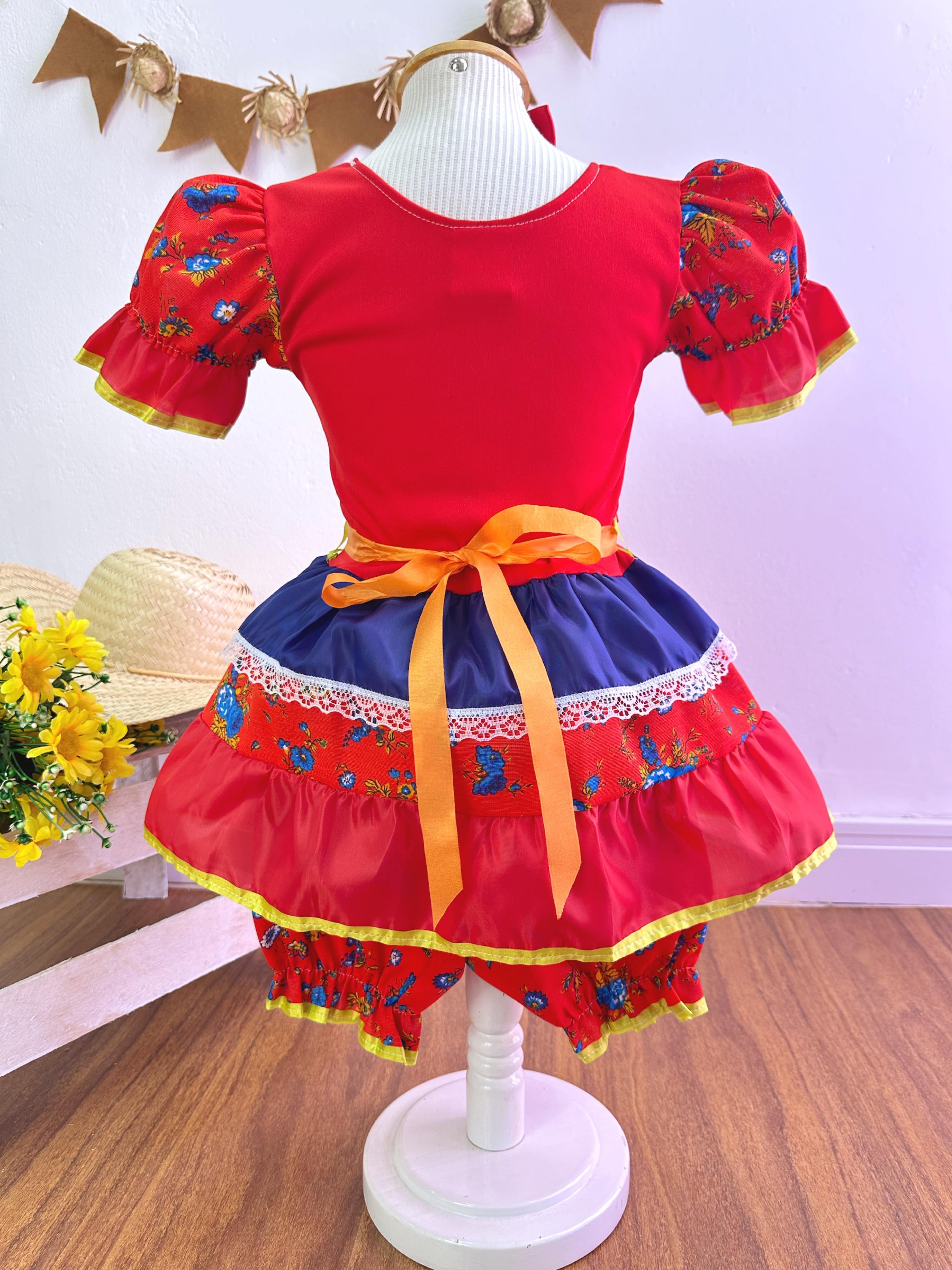 Fantasia Infantil Junino Vermelho Florzinhas Coloridas