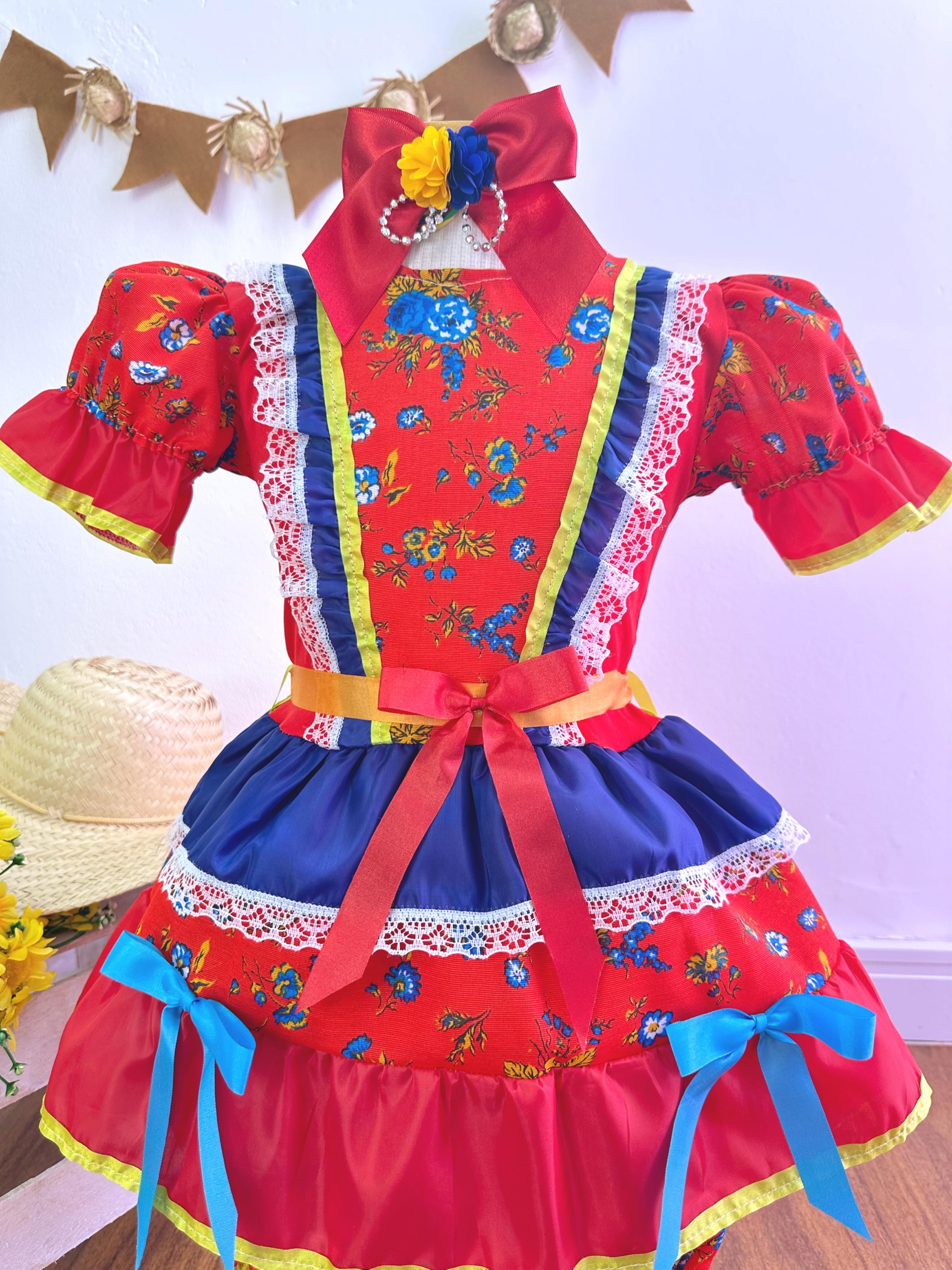 Fantasia Infantil Junino Vermelho Florzinhas Coloridas