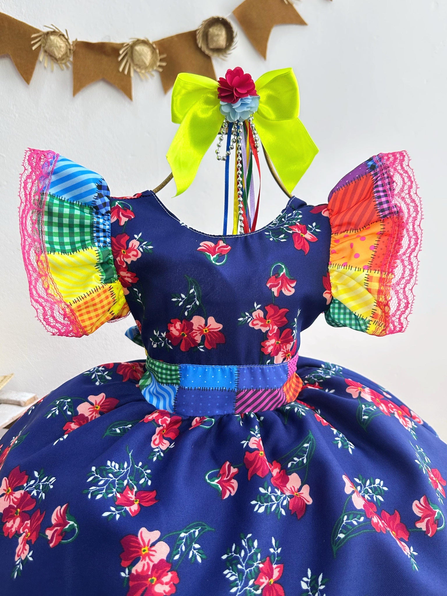 Vestido Infantil Luxo Junino Arraiá Azul Florido Colorido