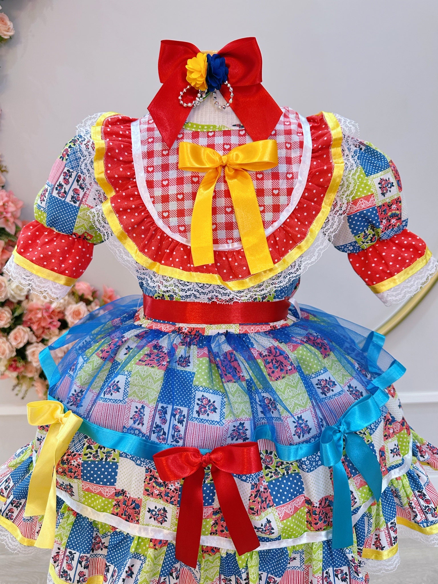 Vestido Infantil Junino Arraiá Caipira Com Estampa Colorida
