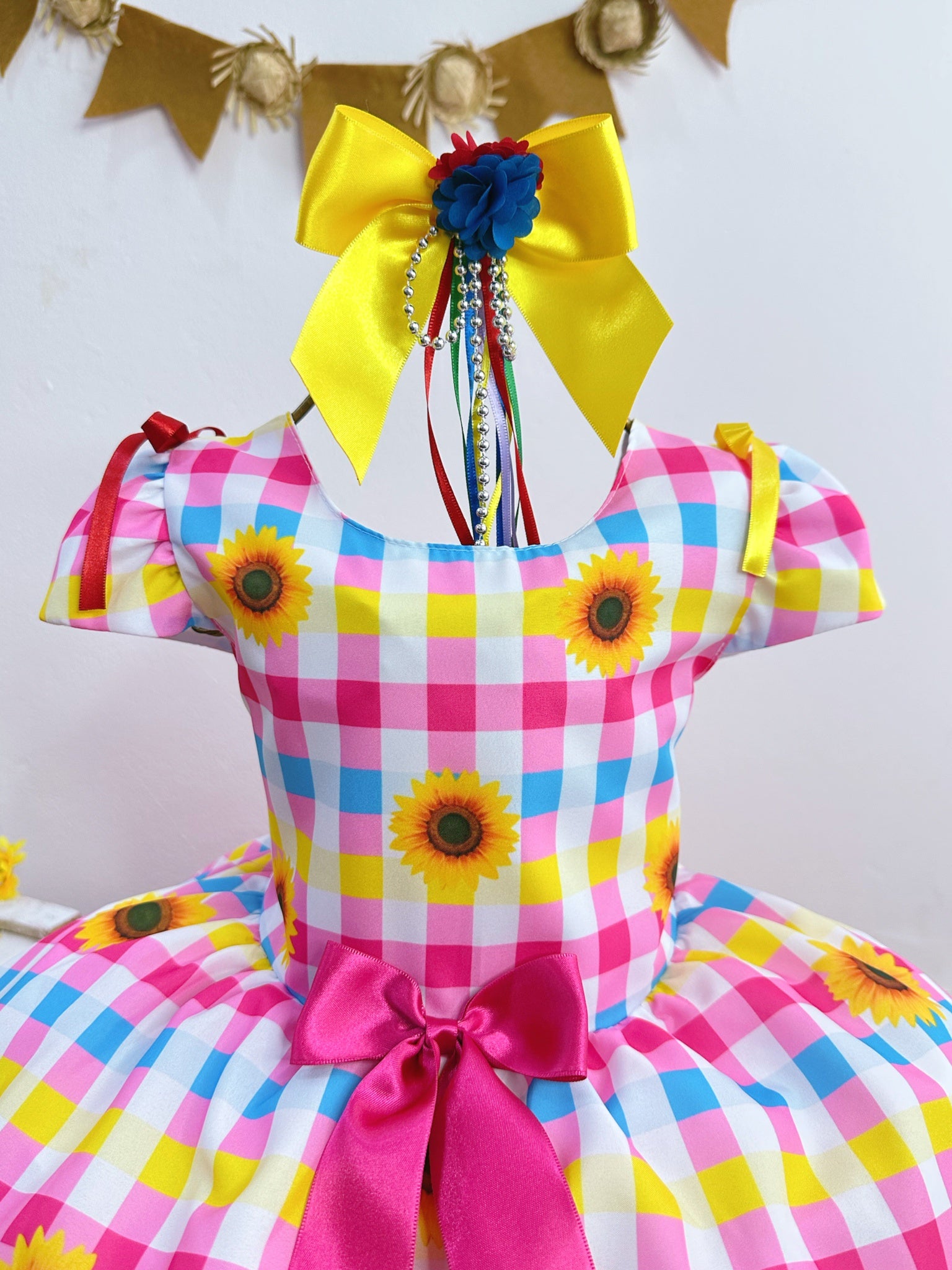 Vestido Infantil Junino Arraiá Festa São João Xadrez Rosa