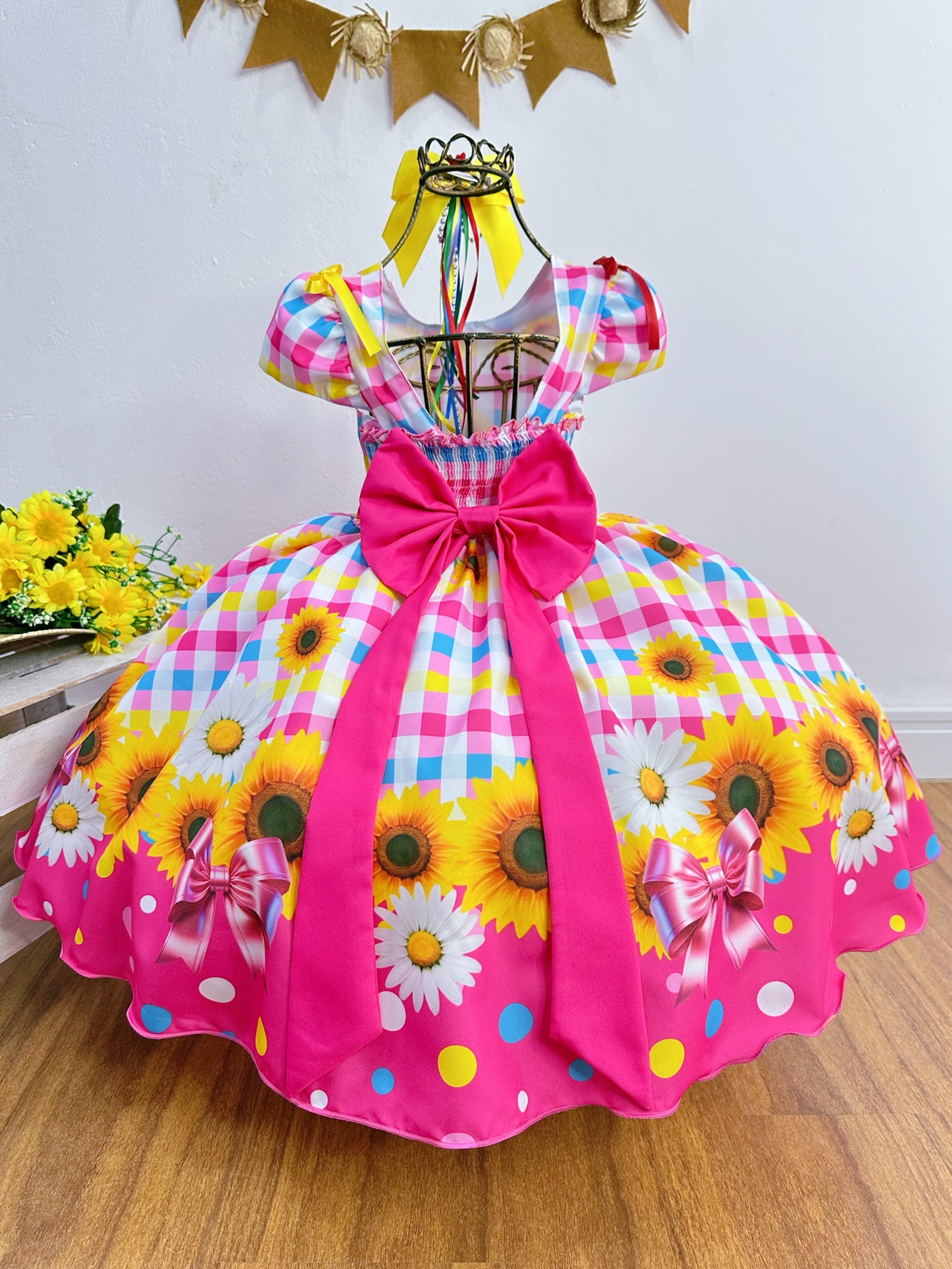 Vestido Infantil Junino Arraiá Festa São João Xadrez Rosa