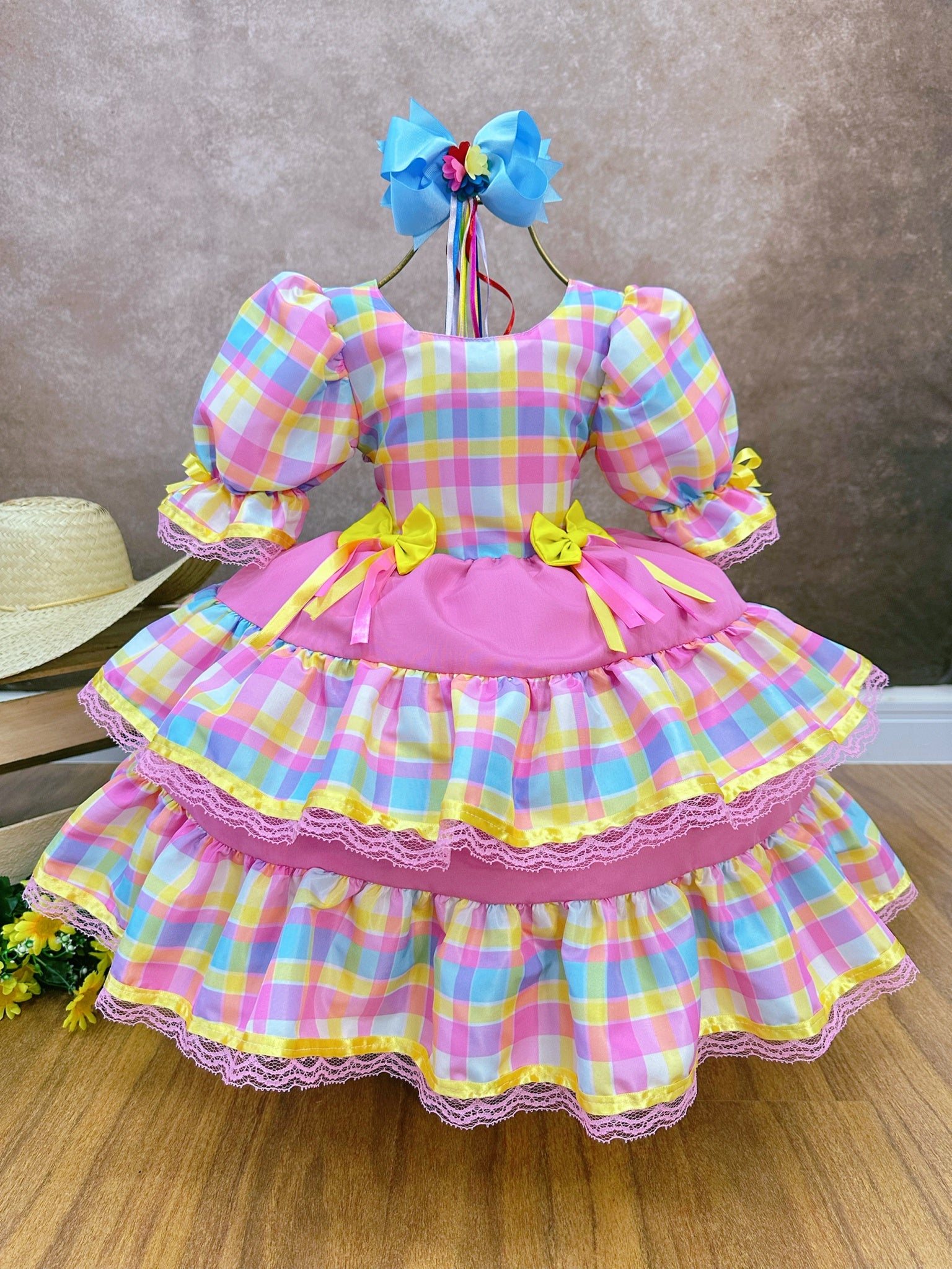 Vestido Infantil Junino Arraiá Festas Xadrez Colorido