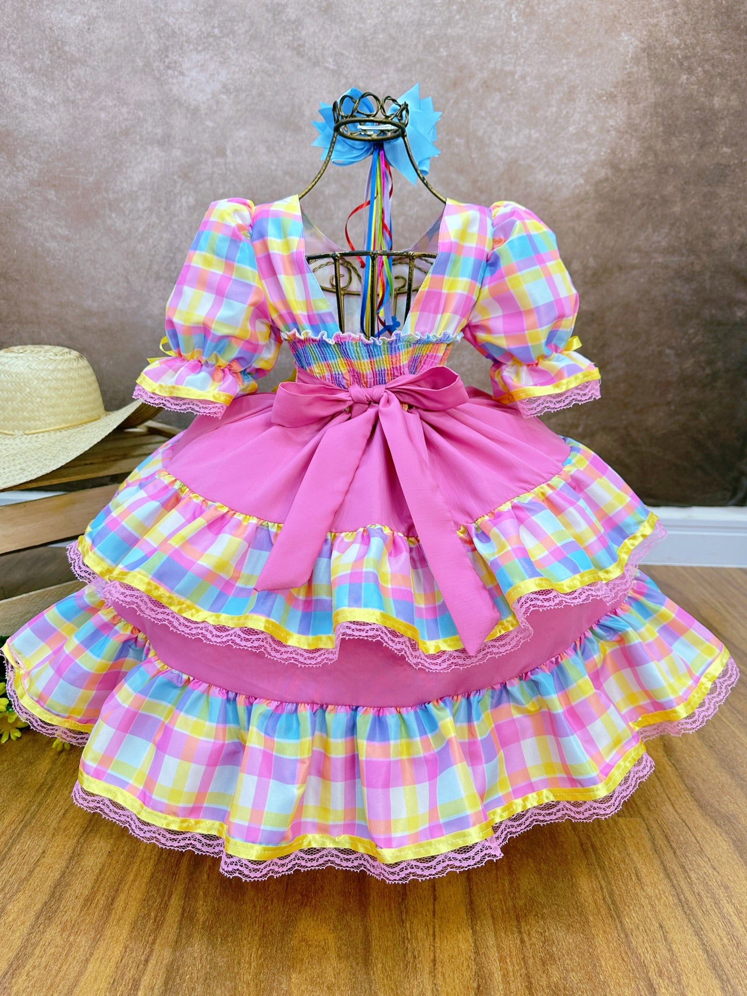 Vestido Infantil Junino Arraiá Festas Xadrez Colorido