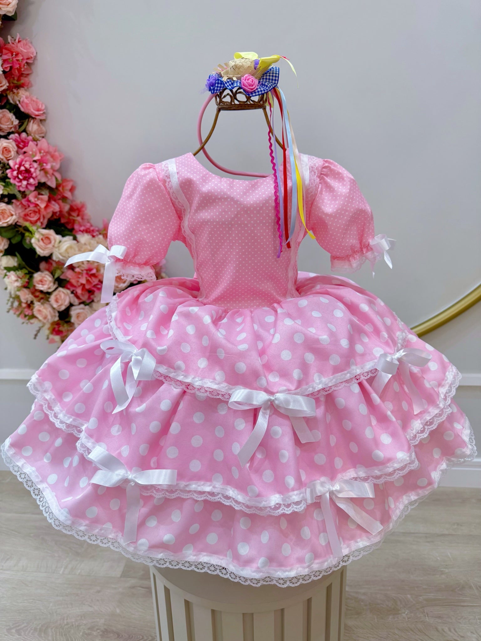 Vestido Infantil Junino Arraiá Rosa Claro Saia C/ Babados